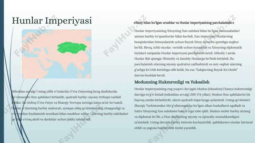 yozuvi paydo boʻldi, bu turkiy xalqlarning ilk yozma yodgorligi hisoblanadi. shuningdek, turk xalqlari qoʻshni sivilizatsiyalar, xususan, xitoy, eron va hindiston madaniyatlari bilan faol muloqotda boʻlib, ulardan oʻzlashtirgan bilimlarni oʻziga xos tarzda rivojlantirdilar. savdo yoʻllari orqali madaniy almashinuvlar kuchaydi, bu esa sanʼat, adabiyot va ilm-fan sohalarida yuksak yutuqlarga olib keldi. 5 qadimgi davlatlarning merosi jahon tarixidagi oʻrin markaziy osiyo sivilizatsiyasi jahon tarixida alohida oʻrin tutadi. buyuk ipak yoʻli bu hudud orqali oʻtib, sharq va gʻarb oʻrtasidagi madaniy va iqtisodiy koʻprik vazifasini oʻtadi. bu esa gʻoyalar, texnologiyalar va mahsulotlarning almashinuviga xizmat qildi. qadimgi davlatlar, jumladan, ahamoniylar, yunon-baqtriya, kushon, xiongnu, turk xoqonligi va boshqalar, nafaqat oʻz hududlarida, balki butun yevrosiyo miqyosida siyosiy va madaniy jarayonlarga taʼsir koʻrsatdi. madaniy va siyosiy meros qadimgi davlatlarning merosi boy va xilma-xildir. ular murakkab davlatchilik tizimlarini yaratishgan, yozma adabiyot va sanʼatni rivojlantirishgan, shaharsozlik va meʼmorchilikda yuksak yutuqlarga erishishgan. ularning harbiy strategiyalari va diplomatik munosabatlari keyingi davlatlar uchun saboq …