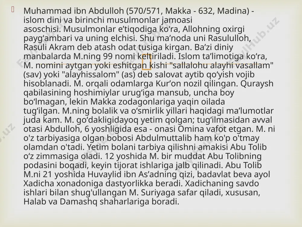 mashgʻul boʻlar, oʻyga tolardi. taxm. 610 y.da m. makkada oʻzining xudodan vahiy olayotganligini eʼlon qiladi. buni birinchilardan boʻlib xadicha, m.ning amakivachchasi ali ibn abu tolib hamda asrandi oʻgʻli zayd ibn horisa eʼtirof etib imon keltirishgan. koʻp oʻtmay, makkaning eng nufuzli savdogarlaridan abu bakr, zubayr, talha, saʼd ibn abu vaqqos, abdurahmon ibn avf va usmon ibn affon m.ni chin paygʻambar deb tan olishgan. m. izdoshlari jamoasi dastlabki paytlarda 50 kishidan oshmagan. makkaning asosiy aholisi, ayniqsa, nufuzli qurayshlilar esa m. taʼlimotini ochikdan-ochiq dushmanlik bilan qarshi olgan.  buning natijasida m. tarafdorlaridan 11 xonadon habashiston (hoz. efiopiya) ga koʻchib ketgan. m. jamoasiga jasur jangchilar sifatida tanilgan hamza va umar ibn xattobning qoʻshilishi jamoaning mavqeini oshirdi. ayni vaqtda quraysh zodagonlarining m. va uning tarafdorlariga dushmanligi yanada kuchaydi. 620 y.da xadichaning , soʻngra abu tolibning vafotidan soʻng makkada vaziyat yomonlashadi, m. muayyan xatar ostida qoladi. har yilgi anʼanaviy makka ziyoratiga kelgan yasriblik avs va hazraj …