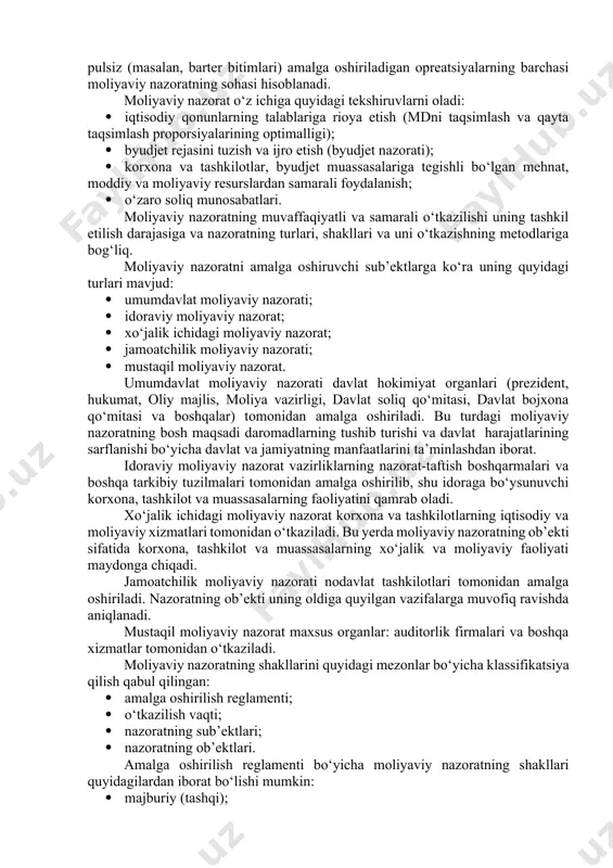 quldorlik va feodal jamiyatlari barcha ijtimoiy qatlamlarga singgan hokimlik va tobelik munosabatlari, «musht» huquqi davlat soliq to‘plovchilari faoliyatining nihoyatda xilma xil «nazorat» shakllarining gullab-yashnashi uchun ob’ektiv asos yaratadi. davlat boshlig‘ining daromadlarini davlat daromadlari va harajatlari bilan muqoyasalash quldorlik va feodal jamiyatlarga xos hodisa bo‘lgan. rim senati siyosiy hayotda hal qiluvchi rol o‘ynagan rim respublikasi davridagina jamoat xo‘jaligi xususiy xo‘jalikdan ajratildi, bir muncha rivojlangan moliyaviy munosabatlar tizimi paydo bo‘lib, davlat daromadlari, boj soliqlari, aksizlar, fiskal monopoliyalardan iborat edi. daromadlar ham, harajatlar ham erariyga - rim senatining xazinasi va fisk-imperator xazinasiga bo‘lingan edi. rim respublikasining inqirozi bilan (ayniqsa, rim imperiyasi davrida) moliyaviy nazorat elementlari yo‘qoldi, chunki xokimiyatni to‘liq egallab olgan imperatorlar xazinaga o‘z mulki sifatida qarar va jamiyat mablag‘laridan o‘z bilganlaricha foydalanardilar. feodalizm davrida moliya masalasi betartib bo‘lib, davlat tomonidan tartibga solingan pul munosabatlari tizimi mavjud emasdi. feodalizmda moliyaviy munosabatlarning bir muncha rivojlangan shakllari shaharlar- hunarmandchilik, manufaktura, savdo markazlari, bankirlar uylari paydo …