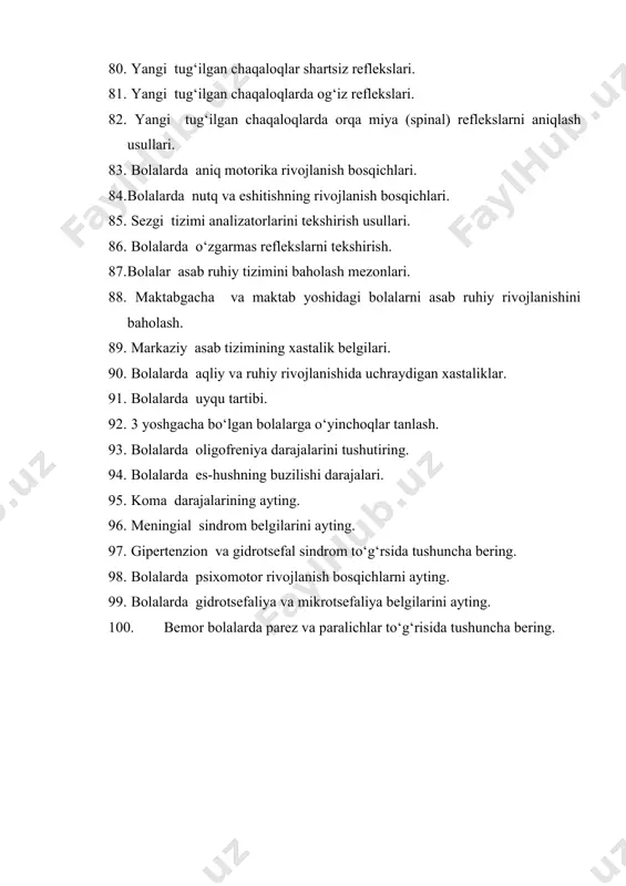 ri propedevtikasi fanidan nazorat savollari 1. bolalik davrlari nechta bosqichga bo‘linadi? 2. homila ichi bosqichi nechta davrni o‘z ichiga oladi va qaysilar? 3. homila ichi bosqichi qancha muddat davom etadi? 4. rivojlanishning homiladan tashqari bosqichi nechta davrni o‘z ichiga oladi va qaysilar? 5. chaqaloqlik davri haqida ma'lumot bering 6. k o‘krak yoshi ya'ni emizikli (go‘dakgik) davri haqida ma'lumot bering 7. kichik bog‘cha davri (yoki yasli davri ) haqida ma'lumot bering 8. maktabgacha davri haqida ma'lumot bering 9. kichik maktab yoshi davri haqida ma'lumot bering 10. katta maktab yoshi ( pubertat yoki balog‘at yoshi davr ) haqida ma'lumot bering 11. fetopatiya nima? 12. embriopatiya nima? 13. yangi tug‘ilgan chaqaloqlarda etuk tug‘ilganlik nisbiy belgilari. 14. yangi muddatdan oldin tug‘ilgan chaqaloqlarda chala tug‘ilganlik nisbiy belgilarini ayting. 15. yangi tug‘ilgan chaqaloqlarda s klerema nima? 16. tibbiy etika va deontologiya haqida tushuncha bering. 17. tana vazni . tana vaznining yoshga qarab ortishi va uni aniqlash. …