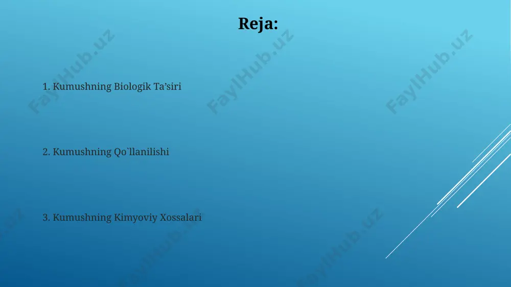 amu boʻlib, valentligi 1+ yoki 2+ boʻlishi mumkin, biroq asosan 1+ valentlikda birikmalar hosil qiladi. kumush 1124 °c da suyuqlanadi va 2162 °c da qaynaydi, bu yuqori erish va qaynash haroratlarini bildiradi. kumushning fizikaviy xossalari kumushning erish nuqtasi 961,8 °c, qaynash nuqtasi esa 2162 °c ni tashkil etadi. bu parametrlar uni sanoat jarayonlarida qoʻllash imkoniyatlarini belgilaydi. kumushning zichligi 10,49 gramm/kub santimetr boʻlib, bu uni nisbatan yuqori zichlikka ega metall qiladi, shuningdek, yaxshi issiqlik oʻtkazuvchanligiga ega. e'tiboringiz uchun rahmat @taqdimot_robot image1.jpg image2.jpg image3.jpg image4.jpg image5.jpg image6.jpg image7.jpg