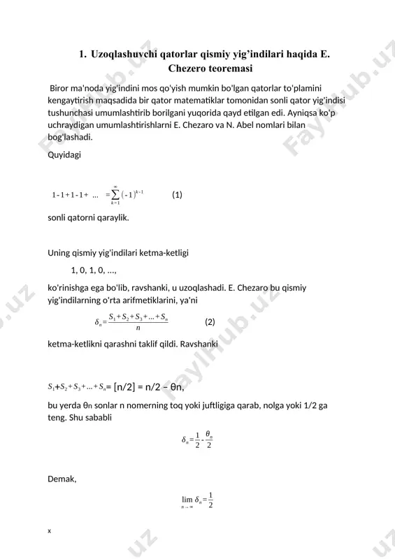 ko'paytmani belgilash uchun quyidagi simvolik yozuvdan ham foydalaniladi: (1) xuddi sonli qatorlar holidek, (1) cheksiz ko'paytmani o'rganish maqsadida uning dastlabki n ta hadi ko'paytmasini kiritib, bu ko'paytma n cheksiz oshgan sari qanday o'zgarishini kuzatamiz. ta'rif. (1) cheksiz ko'paytmaning dastlabki n ta hadining ko'paytmasini, va ya’ni = (2) ifodani cheksiz ko’paytmaning n- qismiy ko'paytmasi deymiz. 1 - misol. ixtiyoriy tayinlangan haqiqiy uchun quyidagi cheksiz ko'paytmani qaraymiz: (3) agar bo'lsa, n-qismiy ko'paytma (4) oson hisoblanib,uning quyidagi (5) tenglikni qanoatlantirishini ko'rsatamiz. dastavval, n = 1 bo'lgani sababli, (5) tenglik ko'rinishga kelishini qayd etamiz. demak, bu holda (5) shubhasiz o’rinli ekan. endi matematik induksiya usulidan foydalanamiz. qismiy ko'paytma tarifiga ko'ra, bundan chiqdi, agar (9.6.5) tenglikni biror n uchun o'rinli desak, munosabatga ega bo'lamiz. demak, (5) tenglik barcha natural n lar uchun bajarilar ekan. isbot qilingan (5) tenglikdan x0 lar uchun (6) munosabat kelib chiqadi. agar n bo'lsa, birinchi ajoyib limitga ko'ra, kvadrat qavsdagi ifoda …