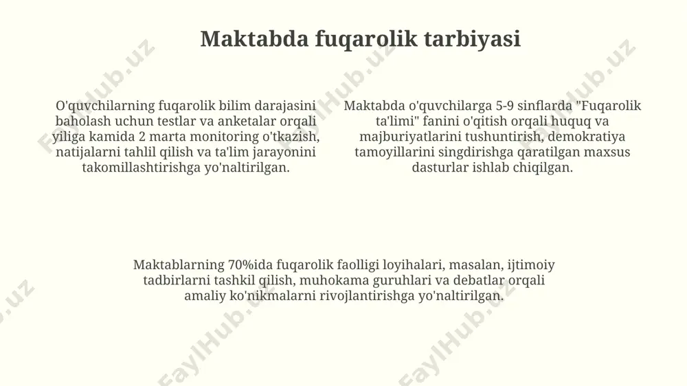 o'quv soatlarini 15% ga ko'paytirish, yoshlarning huquqiy bilimlarini mustahkamlaydi. fuqarolik bilim berishning zamonaviy usullari onlayn platformalar va mobil ilovalar orqali fuqarolik tarbiyasini ta'minlash, 20 dan ortiq onlayn resurslarni o'rganish orqali o'quvchilarning fuqarolik ongini shakllantirishda zamonaviy texnologiyalardan foydalanish muhimligi. fuqarolik mas'uliyatini shakllantirishda loyihaviy faoliyatning ahamiyati, ya'ni, o'quvchilarning 5 tadan kam bo'lmagan mustaqil ijtimoiy loyihalarni amalga oshirishi orqali amaliy ko'nikmalarni rivojlantirish. fuqarolik tarbiyasida interaktiv o'yinlar va simulyatsiyalardan foydalanish, xususan, 10-15 yoshli o'quvchilar uchun moslashtirilgan 3-5 ta stsenariy asosida, demokratik jamiyat tushunchalarini o'rgatish samaradorligini oshiradi. yoshlarning ijtimoiy-siyosiy faolligini oshirish davlat organlarida yoshlar vakilligini 30% ga oshirish orqali qaror qabul qilish jarayonlariga ularning bevosita jalb etilishini ta'minlash, ijtimoiy-siyosiy faolligini kuchaytirishga xizmat qiladi. ijtimoiy tarmoqlar orqali 2 million yoshning faol ishtirokini ta'minlaydigan, "yoshlar parlamenti" kabi platformalar orqali demokratiya va fuqarolik mas'uliyati tushunchalarini targ'ib qilish muhim ahamiyatga ega. yoshlarning 70% dan ortig'ini qamrab oluvchi milliy dasturlar orqali fuqarolik bilim va ko'nikmalarini rivojlantirish, shu jumladan, 5 ta …