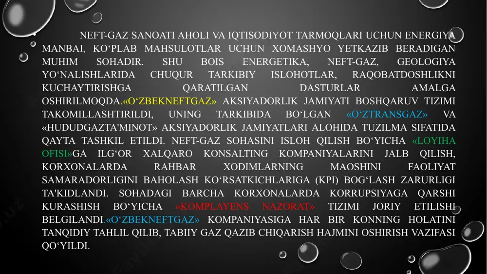 gan neft, asosan, burgʻilangan quduqlardan olinadi.neft oʻta muhim yonilgʻi-energiya manbai boʻlib, benzin, kerosin dizel yonilgʻisi, mazut,moylash materiallari va bitumlar olishda asosiy xom ashyo sifatida ishlatiladi.neft qora yoki qoʻngʻir, baʼzan och malla rangli boʻlib, oʻziga xos hidi bor. zichligi 750–970 kg/m³. zichligi 20° da 850 kg/m³ dan past boʻlgan neftlar yengil,851 –885 kg/m³ — oʻrtacha ogʻirlikdagi va 885 kg/m³ dan yuqorilari ogʻir neft hisoblanadi. qaynash temperaturasi 28° dan yuqori. qotish temperaturasi —60°dan —26° gacha, 50° dagi qovushoqligi 1,2—55 mm2/s, solishtirma issiqlik sigʻimi 1,7—2,1 kj/(kg. k), yonish issikligi 43,7—46,2 mj/kg ga teng. chaqnash harorati 35— 120°. organik erituvchilarda eriydi, suvda erimaydi, lekin suv bilan turgʻun emulsiya hosil qiladi. neftli qatlamlar yer poʻsti tarixining hamma davrlariga mansub qavatlarida uchraydi, ammo eng koʻp zaxirasi devon, yura, bur va toʻrtlamchi davr yotqiziqlarida joylashgan. neftli qatlamlar maydoni 1000 km², qalinligi 100 m gacha yetib, bir konda bir necha neftli katlam mavjud boʻlishi mumkin. neft juda qadimdan …