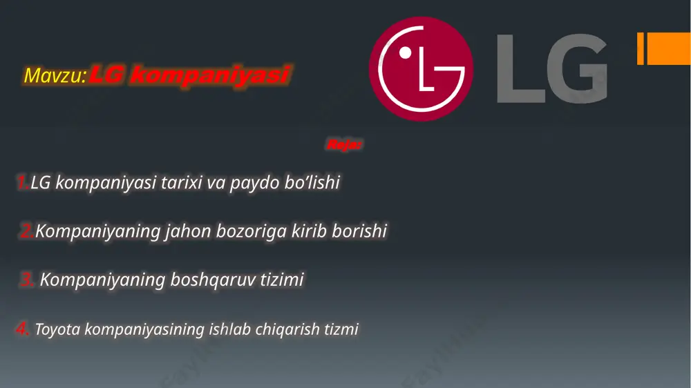 ish pastalari bilan bogʻliq edi. lg ushbu mahsulotlarning bir qismini janubiy koreya bozori uchun ishlab chiqarishni davom ettirmoqda. koo in-hwoi 1969-yilda vafotigacha korporatsiyani boshqargan, oʻsha paytda uning oʻgʻli koo cha-kyung boshqaruvni egallagan. keyin u rahbarlikni 1995-yilda oʻgʻli koo bon-mooga topshirdi. koo bon-moo 1995-yilda kompaniyani lg deb oʻzgartirdi. kompaniya, shuningdek, lg harflarini kompaniyaning „life's good“ („hayot yaxshi“) yorligʻi bilan bogʻlaydi. 2009-yildan buyon lg lg.com domeniga egalik qiladi. 4 xronologiyasi koo bon-moo 2018-yil 20-mayda miyadagi oʻsimtadan vafot etdi. 2018 yil iyul oyida koo bon-muning jiyani va asrab olingan oʻgʻli koo kvang-mo lgning yangi bosh direktori boʻlishi eʻlon qilindi. koo bon-mo 1994-yilda yolgʻiz oʻgʻlidan ayrilganidan soʻng, 2004-yilda jiyanini asrab oldi. 1948-yilda birinchi kosmetika laboratoriyasini ochdi 1952-yilda koreyada birinchi boʻlib plasmassa ishlab chiqara boshladi 1954-yilda lucky nomli tish pastasi ishlab chiqara boshladi 1959-yilda koreyada birinchi bolib tranzistorli radiopriomnik ishlab chiqara boshladi 1961-yilda koreya telefonlarini chiqara boshladi 1963-yilda goldstar 1-fenni ishlab chiqardi 1965-yilda goldstar birinchi …