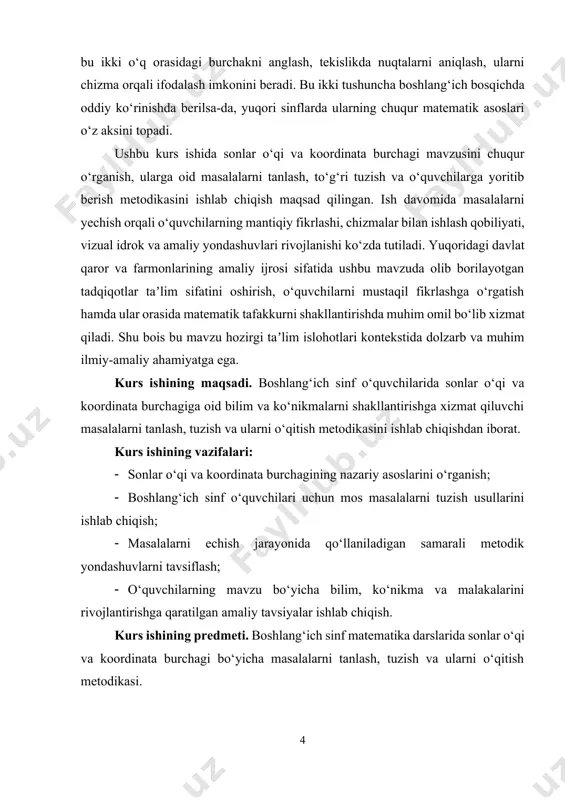 chap tomonga joylashadi. sonlar o‘qi yordamida quyidagi matematik tushunchalar oddiy va tushunarli ko‘rinishda o‘rgatiladi: · sonlarni tartiblash · sonlar orasidagi masofani aniqlash · sonlar qo‘shish va ayirish operatsiyalarini vizual ifodalash · musbat va manfiy sonlarning farqini tushunish sonlar o‘qi g‘oyalari o‘quvchilarning matematik tafakkurini rivojlantirishda muhim o‘rin tutadi. o‘quvchilar sonlarni nafaqat qog‘ozda yozilgan raqamlar sifatida, balki ular orasidagi joylashuv va masofalar yordamida hisoblashi mumkin bo‘lgan tushunchalar sifatida qabul qiladi. masalan, o‘quvchiga sonlar o‘qidagi 1 va 4 sonlari orasidagi masofani topishni so‘rasa, u bu masofani 3 birlik deb aniqlaydi, chunki 4 dan 1 ni ayirib olganda 3 chiqadi. bu oddiy arifmetik amallarni grafik ko‘rinishda ko‘rishga yordam beradi. sonlar o‘qida joylashgan sonlarni tartiblash esa juda sodda — chapdagi son har doim kichikroq, o‘ngdagi esa kattaroq bo‘ladi. bu, o‘z navbatida, solishtirish va tartib masalalarini tushunishda yordam beradi. misol uchun, quyidagi sonlar o‘qida sonlar joylashuvi ko‘rsatilgan: ←——–|——–|——–|——–|——–|——–|——|–→ -3 -2 -1 0 1 2 3 bu …
