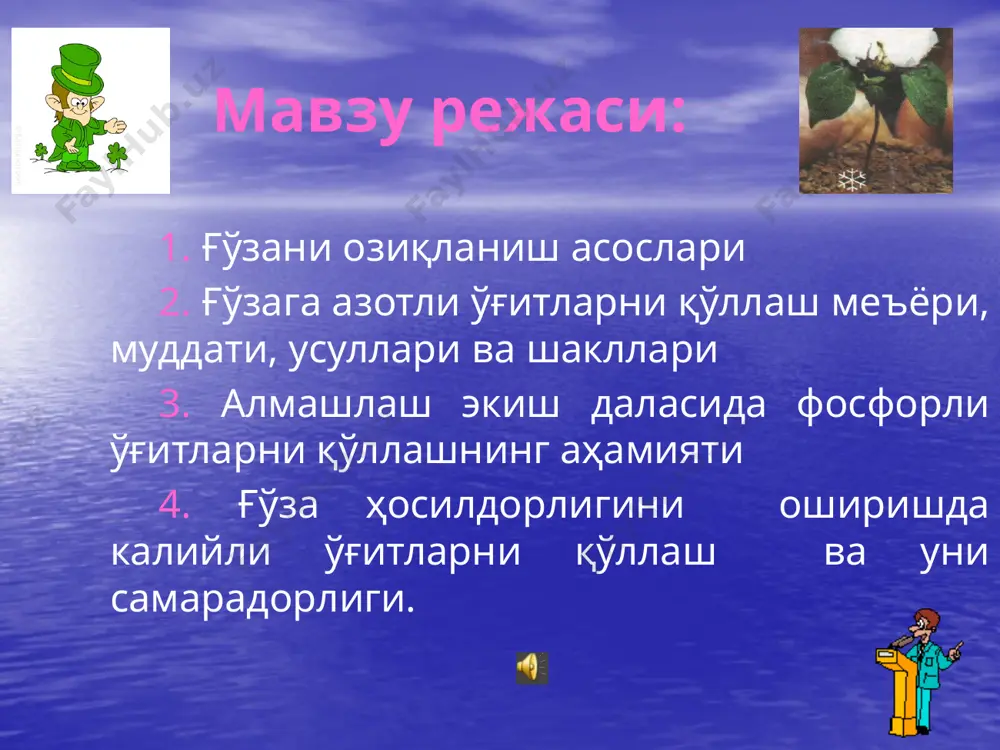 сил органлари салмоғининг ортиши ҳисобига содир бўлади. образец текста второй уровень третий уровень четвертый уровень пятый уровень озиқ моддаларга бўлган талаби бевосита қуруқ массанинг тўпланиш тезлиги билан боғлиқ, лекин бу жараён бир меъёрда кетмайди. бошқа экин турлари каби ғўза ҳам ўсув даврининг бошларида фосфор ва азотга ўта талабчан. бу даврда ғўза азот ва фосфор танқислигига таъсирчан бўлиб, чигит униб чиққандан шоналашгача бўлган даврда ҳосил билан чиқиб кетадиган озиқ элементларининг 8-10 фоизи миқдорида талаб қилади. ғўза гуллашдан ёппасига пишгунга қадар озиқ моддаларни энг кўп миқдорда ўзлаштиради. ғўзани ўсув даврида озиқ моддаларни ўзлаштириши, фоиз чигит унишидан шоналашгача n-8 кг; p-8 кг; k-30 кг шоналашдан ҳосил тўплашгача n-62 кг; p-56 кг; k-36 кг ҳосил тўплашдан ўсув даврини охиригача n-30 кг; p-8 кг; k-26 кг 1 тонна пахта ва шунга мос миқдордаги вегетатив масса тўплаш учун ғўза тупроқдан ўрта ҳисобда n -50-60 кг р-15-20 кг к-50-60 кг ғўзага азотли ўғитларни қўллаш меъёри, муддати, усуллари …