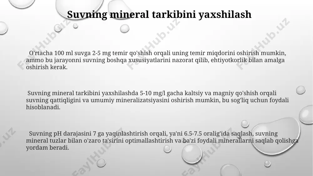 ko'p bosqichli filtrlash tizimi, shu jumladan, qumli filtrlar va faollashtirilgan ko'mir, temir va marganes miqdorini 0,1 mg/l dan kamroq qilib kamaytirishga yordam beradi. suvga ion almashinuvi usuli bilan ishlov berish, kationitlar yordamida temir va marganes ionlarini 95% gacha samaradorlik bilan olib tashlash imkonini beradi. nitratlar va nitritlardan tozalash suvni teskari osmoz usuli bilan tozalash jarayonida nitrat va nitritlarning 98% gacha qismi membranadan o'tolmay, tozalangan suvda qolmaydi, bu yuqori samarali tozalash usuli hisoblanadi. ion almashinuvi usuli yordamida nitrat va nitrit ionlarini selektiv ravishda olib tashlash mumkin, bu usulda maxsus ion almashuvchi qatronlar ishlatiladi va 95% gacha samaradorlikka erishiladi. nitratlar va nitritlarni biologik yo'l bilan tozalashda denitrifikatsiya jarayoni muhim bo'lib, unda 90% gacha nitratlar azot gaziga aylanadi va suvdan chiqariladi. bu jarayon anaerob sharoitda, ya'ni kislorodsiz muhitda amalga oshiriladi. uv nurlanishidan foydalanish uv tizimlari, 99,9% gacha samaradorlik bilan, kichik miqyosdagi suv manbalarini, shu jumladan, uy va kichik jamoalar uchun ishlatiladigan tizimlarni dezinfektsiya …
