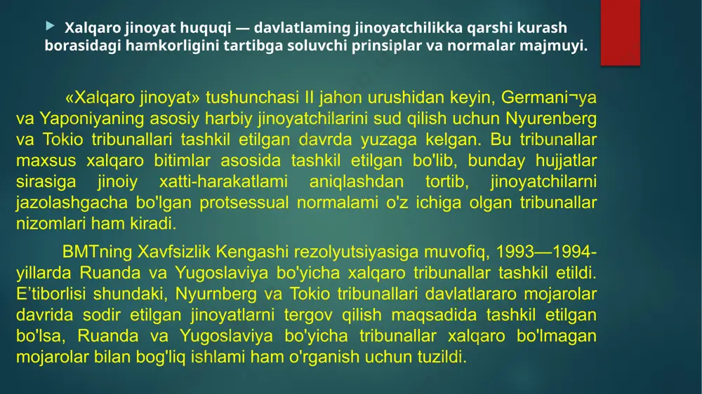adigan muayyan holati yoki maqomidir. tutqinlar savdosi sirasiga insonni qo'lga tushirish, sotib olish yoki qul sifatida sotish uchun arzon garovga berish, tutqunni sotish yoki almashtirish maqsadida xarid qilish bilan bog'liq har qanday aktlar, sotish yoki almashtirish maqsadida xarid qilingan tutqunni sotish yoki almashtirish maqsadida arzongarovga berish bilan bog'liq har qanday aktlar va, umuman, tutqunlar savdosi va ulami tashish borasidagi har qanday harakatlar kiradi. yollanma jinoyatchilik. 1989-yilda qabul qilingan yollanma jinoyatchilami yollash, foydalanish, moliyalash va tayyorlashga qarshi kurash to'g'risidagi konvensiyada «yollanma jinoyatchi nizolashayotgan tomonning fuqarosi hisoblanmagan, shaxsiy moddiy foyda ко ‘rish maqsadida harbiy harakatlarda ishtirok etish uchun о‘z ixtiyori bilan yollangan xususiy shaxs», degan ta’rif berilgan. yollanma jinoyatchilar harbiy jinoyatchilar hisoblanadilar va harbiy asirlik rejimi ularga nisbatan qo'llanilmaydi. hududida ana shu jinoyatchi joylashgan davlat o'z milliy qonunchiligiga muvofiq, uni hibsga oladi va tergov qiladi. davlatlar yollanma jinoyatchilikka qarshi kurashda bir-birlariga huquqiy ko'mak beradilar. terrorizm. terrorizm harakatini aniqroq ta’riflash va uni yuridik …