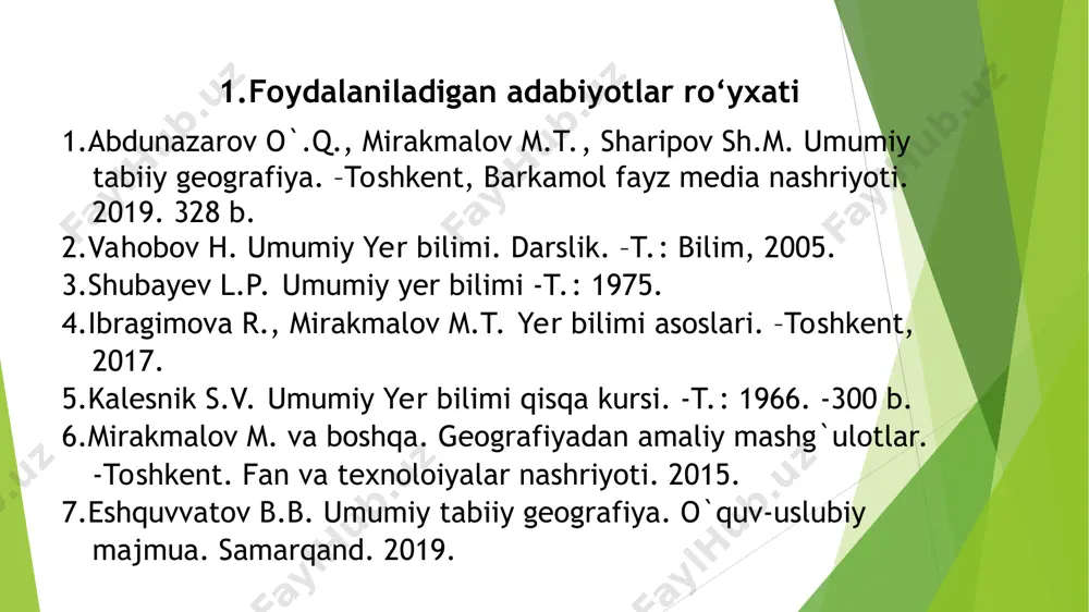 umumiy ma’lumotlar va ularda ro‘y beradigan hodisalar, ularning xususiyatlari haqida bilimlar berishdan iborat. fanning vazifasi – talabalarga umumiy tabiiy geografik qonuniyatlar, ularning mohiyati, geografik qobiqning tuzilishi, tarkibiy qismlari, litosfera, atmosfera, gidrosfera va biosfera hamda ularning xususiyatlari, geografik qobiqning hududiy tabaqalanishi, inson va tabiat munosabatlarining geografik asoslarini o‘rgatish va ularda tabiatdan foydalanishda geografik bilimlarni qo‘llay olish bo‘yicha malaka va tajriba hosil qilishdan iborat. 4.fanning boshqa fanlar bilan aloqasi va tarmoqlari tabiiy geografik fanlar o‘z navbatida uch guruhga bo‘linadi: - umumiy tabiiy geografik fanlar guruhi. mazkur fanlarga umumiy tabiiy geografiya, umumiy geomorfologiya, umumiy gidrologiya, tabiiy geografik rayonlashtirish va bosha fanlar kiradi; maxsus (xususiy) tabiiy geografik fanlar guruhiga tuproqlar geografiyasi, geobotanika, zoogeografiya, iqlimshunoslik va boshqa fanlar kiradi; - regional tabiiy geografik fanlar guruhiga materiklar va okeanlar tabiiy geografiyasi, alohida davlatlar va o‘lkalar tabiiy geografiyasi kiradi.