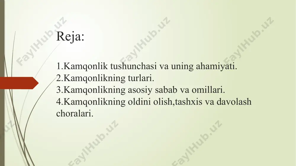 emir tanqisligi anemiyasi bu eng ko‘p uchraydigan anemiya turi bo‘lib, umumiy kamqonlik holatlarining 70–80% ni tashkil qiladi. temir tanqisligi asosan quyidagi sabablarga bog‘liq: yeyiladigan ovqatda temirning yetishmasligi (kam oziqlanish) surunkali qon yo‘qotishlar (hayz, me’da-ichak qon ketishlari) homiladorlik va laktatsiya davrida organizm ehtiyojining ortishi temir so‘rilishining buzilishi (me’da osti bez, ichak kasalliklari) belgilari: umumiy kamqonlik simptomlariga qo‘shimcha ravishda — til yallig‘lanishi (glossit), og‘iz burchaklarining yoriqlanishi, tirnoqlarning qoshiqsimon shakli, soch to‘kilishi. laborator tahlillar: gemoglobin, sekin tushgan ferritin, temir, yuqori bo‘lgan tibc. b12 vitamini tanqisligi anemiyasi (pernitsioz anemiya) b12 vitamini tanqisligi megaloblastik anemiyalar guruhiga kiradi. bu vitaminning yetishmovchiligi dnk sintezining buzilishi va yirik, morfologik o‘zgargan eritrotsitlarning paydo bo‘lishiga olib keladi. sabablari: ovqat bilan b12 ning kam tushishi (vegetarianizm) intrinsik faktor yetishmovchiligi (me’da kasalliklari) ichak kasalliklari — b12 so‘rilishining buzilishi belgilari: kamqonlik simptomlari nevrologik belgilar — paresteziya, reflekslarning susayishi, ataksiya tilning qizarib, silliq bo‘lishi ("yog‘och til") tahlillar: yirik eritrotsitlar (mcv oshgan), past gemoglobin, past …