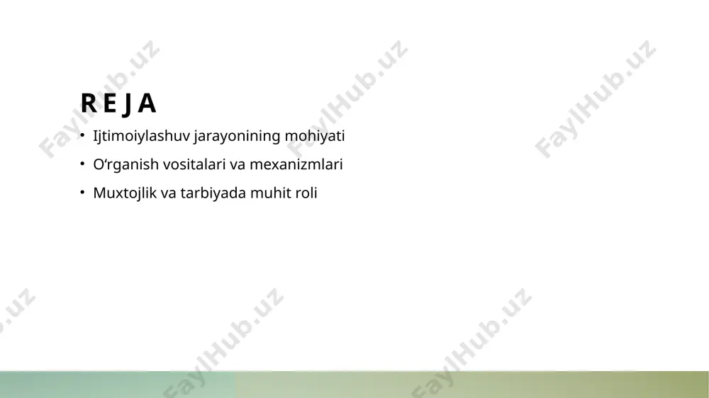 ar va tarbiyachilar orqali ijtimoiy qoidalar, an'analar va madaniyatni qabul qiladi. madaniy ta'sirlar: ijtimoiylashuv jarayonida muhitning roli. 1 madaniyat va ijtimoiylashuv madaniyat bolalar ijtimoiylashuv jarayonida muhim rol o'ynaydi, chunki u ularning qadriyatlari, odatlari va ijtimoiy ko'nikmalarini shakllantiradi. 2 atrof-muhit ta'siri bolalar ijtimoiylashuv jarayonida atrof-muhit, oilaviy va maktab muhitlari ularning ijtimoiy ko'nikmalarini rivojlantirishda asosiy omil hisoblanadi. 3 madaniyatlararo o'zaro ta'sir turli madaniyatlarning o'zaro aloqasi bolalarning ijtimoiylashuv jarayonida keng ko'lamli tajribalar va ko'nikmalarni olishlariga imkon yaratadi. ijtimoiylashuv mexanizmlari: o'rganish va rivojlanish jarayonlari. ijtimoiylashuv jarayonlari o'rganish mexanizmlari rivojlanish jarayonlari ijtimoiylashuv jarayonlari, bolalarning ijtimoiy muhitda o'zaro aloqalari orqali o'zlarini ifoda etish va ijtimoiy ko'nikmalarni rivojlantirishidir. o'rganish mexanizmlari, bolalarning tajribalari orqali bilim va ko'nikmalarni o'zlashtirish jarayonini o'z ichiga oladi, bu esa ijtimoiylashuvni kuchaytiradi. rivojlanish jarayonlari, bolalarning ijtimoiy ko'nikmalarini shakllantirishda muhim rol o'ynaydi, bu jarayonda atrof-muhit va tarbiya asosiy omillardir. bolalarni ijtimoiylashuvga tayyorlash: tarbiya va muhitning ahamiyati. 01 tarbiyaning roli tarbiya, bolalarni ijtimoiylashuvga tayyorlashda muhim omil …