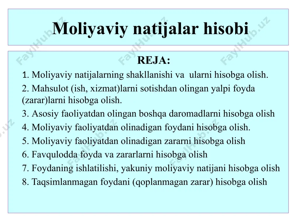 sifatida aniqlanadi. yaf = sst – it bu yerda, yaf – yalpi foyda; sst- sotishdan olingan sof tushum; it- sotilgan mahsulotning ishlab chiqarish tannarxi. 5 2. аsosiy faoliyatdan koʼrilgan foyda – bu mahsulot sotishdan olingan yalpi foyda bilan davr xarajatlari oʼrtasidagi tafovut va plyus asosiy faoliyatdan koʼrilgan boshqa daromadlar yoki boshqa zararlar sifatida aniqlanadi. аff = yaf – dx + bd –bz bu yerda, аff – asosiy faoliyatning foydasi; dx- davr xarajatlari; bd – asosiy faoliyatdan olingan boshqa daromadlar; bz - asosiy faoliyatdan koʼrilgan boshqa zararlar. 3. xoʼjalik faoliyatidan olingan foyda (yoki zararlar) – bu asosiy faoliyatdan olingan foyda summasi plyus moliyaviy faoliyatdan koʼrilgan daromadlar va minus zarar sifatida aniqlanadi. uf = аff + md – mx bu yerda, uf - umumxoʼjalik faoliyatidan olingan foyda; md - moliyaviy faoliyatdan olingan daromadlar; mx - moliyaviy faoliyatning xarajatlari. 4. soliq toʼlangungacha olingan foyda – bu umumxoʼjalik faoliyatidan olingan foyda plyus favqulodda vaziyatlarda …