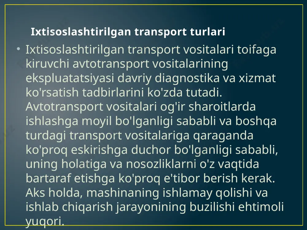 lar. shu bilan birga, barcha ehtiyot qismlar sifatli va ishonchli bo'lishi juda muhim. servis xizmatdan so'ng transport vositasini ishga jalb etishdan oldin bajariladigan ishlar. xizmatdan so'ng, barcha avtomobil tizimlarining ish faoliyatini belgilangan standartlarga muvofiqligini tekshirish kerak. bajarilgan barcha tadbirlar va bir vaqtning o'zida aniqlangan ko'rsatkichlar xizmat ko'rsatish hujjatlarida qayd etiladi, bu esa kelajakda servis xizmat ko'rsatishni osonlashtiradi image1.png image2.png image3.png image4.png /docprops/thumbnail.jpeg