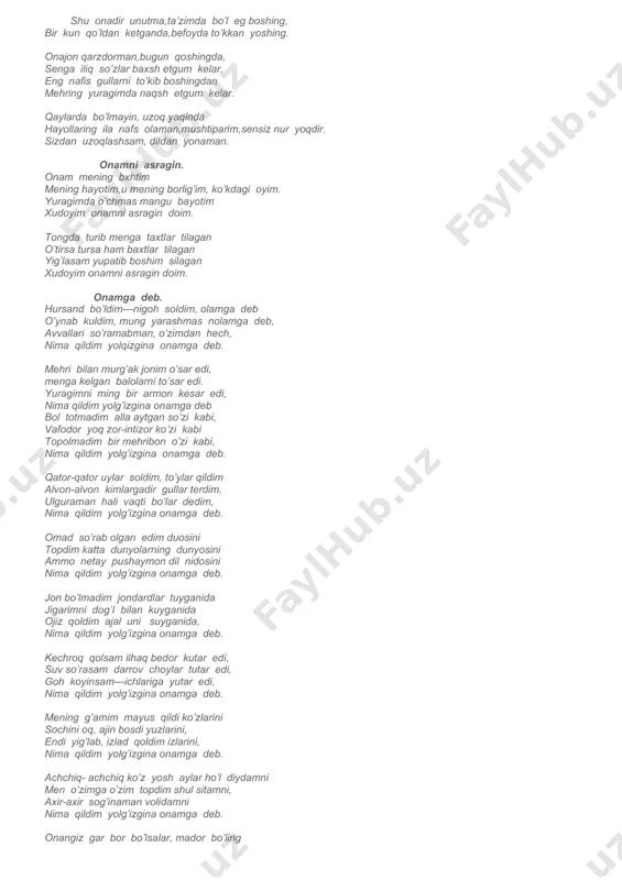 i uch harfdan iborat bo’lib,”o”-oriyat,”n”-nafosat,”a”-andish degan ma’nolarni bildiradi. ona go’zallik, donolik timsolidir. ona-chashma farzandlar ana shu chashmadan oliyjanoblik, ezgulik, umuman insoniylik sharobini shimirib chanqog’ini qondiradilar. ona aziz va motabar siymo. onalarimiz haqidagi rivoyatlar, hikoyalar necha asirlar osha ana shu ulug’ siymolarning yaxlit ramzi sifatida saqlanib kelmoqda. ona buyuk zot. ona o’zida nafosat latofat, sadoqatni aks ettiruvchi zot.dunyoga keltirib, to mukammal bo’lgunimizcha rohat farog’atdan kechadi. onalar haqqini tirikligida ado etish kerak zero o’lganida qabrtosh qo’ydirishdan ne hojat. ba’zi farzandlar onalariga tik qarab hattoki qo’l ko’tarishgacha boradilar. onaning qarzidan hech vaqt qutila olmaymiz. shu orada bir rivoyat keltirmoqchiman. (sahna ko’rinishi) bir yigit onasini opichlab makka-yu madinaga olib boribdi: --------ey olloh, men endi onamning qarzidan qutildimmi? ____sen onang bir kecha bedor bo’lib bir marta bergan oq suti haqqinidan endi qutilding,--deya ollohdan nido kelibdi. ha buyuk zot ona qadrini ona bo’lganda bilasan deganlari rost. senga dziz mehribon, oq sut bergan onadir. yotsang, tursang soyabon, …