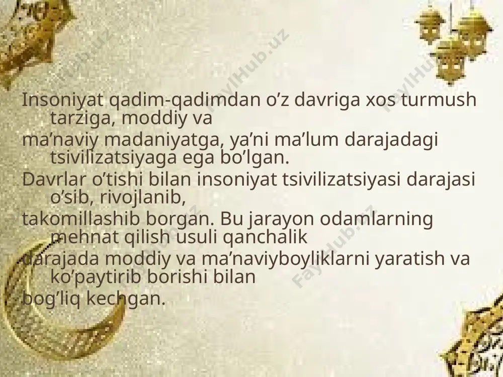 o’lishi mumkin emas, odam boshqa sayyoralardan kelgan degan rivoyatlar ham bor. demak, sayyoramizda odamzodning qachon va qanday paydo bo’lgani haqida aniq, uzil-kesil fikr yo’q deyish mumkin, bu muammoligicha qolmoqda. turli ixtisosdagi olimlar tomonidan olib borilayotgan tadqiqotlar uzoq o’tmishning sirli jarayonlariga yanada teranroq nazar tashlashga , kamtarona bilimlarimizni yanada oydinlashtirishga ko’maklashib boraveradi. o’rta osiyo ibtidoiy jamiyat odamlarining yashash tarzi, jismoniy va aqliy tuzilishi, ular tomonidan yasalgan mehnat qurollarining turi va materialiga ko’ra bir qancha davrlarga bo’linadi. arxeologlarning afrika va yava orolida olib borgan tadqiqotlari sayyoramizda odamlar 3-2,5 million yillardan beri yashab kelayotganligini ko’rsatadi. taxminanana shu davrdan boshlangan ibtidoiy jamiyat mehnat qurollari toshdan yasalgani sababli paleolit (grekcha «palayos» -qadimgi, «litos» -tosh degan ma’noni bildiradi) - qadimgi tosh davri deb ataladi. paleolit davri o’z navbatida uch bosqichdan - ilk paleolit, o’rta paleolit va so’nggi paleolitdan iborat. ilk paleolitbundan 3-2,5 million yillardan 100 minginchi yillargacha bo’lgan davrni o’z ichiga oladi. arxeologlar ilk paleolit davrida …