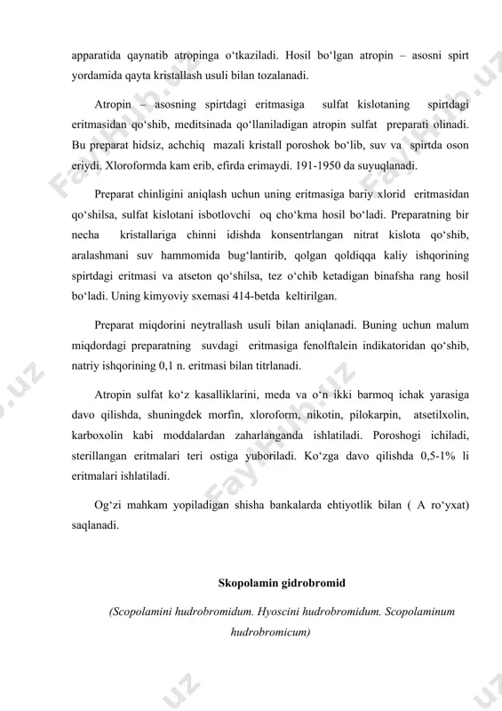 ) skopolamin alkaloidi o‘simlikda giossiaminga qaraganda kam uchraydi. uni birinchi marta 1888 yilda shmidt scopolia atropoides ildizidan ajratib olgan. skopolamin mingdevona, bangidevona, belladoina va skopoliyada atropin bilan birga uchraydi. skopolamin kimyoviy tuzilishiga ko‘ra murakkab efirlar qatoriga kiradi. u trop kislota bilan bitsiklik aminospirt skopindan hosil bo‘lgan birikmadir. skopolamin o‘ziga yaqin bo‘lgan atropin alkaloididan uchunchi o‘ringa joylashgan kislorod bilan farq qilidi. shu kislorodni aniqlash maqsadida preparatni oksidlansa, pipiridin qatoriga kiradigan dikarbon kislota hosil bo‘ladi. skopolamin murakkab efir bo‘lganligi sababli ishqor va kislotalar tasirida gidrolizlanadi. masalan, skopolaminning kuchsiz ishqor – ammiak, kuchli ishqor – kaliy gidroksid va xlorid kislota bilan gidrolizlanish reaksiyasini quyidagicha ifodalash mumkin: skopolaminni farmatsevtika korxonalarida mingdevonadan giossiamin olish protsessida hosil bo‘lgan benzolli qo‘r (matochniy) eritmadan ajratib olinadi. shunday usulda olingan skopolamin – asosni suvli sharoitda vodorod bromid tasirida tuz holiga o‘tkaziladi. preparat mayda, tiniq, kristall poroshok bo‘lib, suvda ( oson) va spirtda eriydi. xloroformda esa kam eriydi. suvdagi eritmalari …