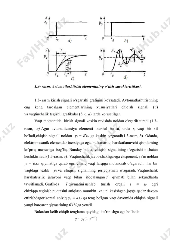 adi (1.3-rasm, c). vaqtinchalik javob shakliga ega eksponent, ya'ni noldan у0 = kx0 qiymatiga qarab egri chiziq vaqt farqiga mutanosib o’zgaradi, har bir vaqtdagi tezlik y0 va chiqish signalining joriyqiymati o’zgaradi. vaqtinchalik harakatsizlik jarayoni vaqt bilan ifodalangan t qiymati bilan sekundlarda tavsiflanadi. grafikda t qiymatini ushlab turish orqali t = t0 egri chiziqqa teginish nuqtasini aniqlash mumkin va uni kesishgan joyga qadar davom ettirishdagorizontal chiziq у0 = kx0 ga teng bo'lgan vaqt davomida chiqish signali yangi barqaror qiymatining 63 %ga yetadi. bulardan kelib chiqib tenglama quyidagi ko’rinishga ega bo’ladi: bu yerda e = 2,718 natural logarifm asosi. odatda,chiqish signali t= (3÷5) t vaqt davomida signal y0 da yangi barqaror holatga keladi. aslida chiqish signali mos ravishda 95-99% ga etadi. chiqish signalining dinamik qiymatlari orasidagi barqaror holat shartlari farqi dinamik xato deyiladi. uning uchun pasayishlar vaqt doimiyligini kamaytirishga moyildir, masalan avtomatizatsiya elementlarining yengil harakatlanuvchi qismlari bunga misol bo’la oladi. vaqtinchalik vaqt …