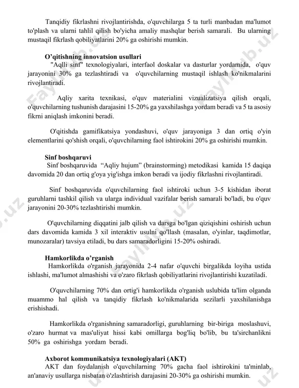 jarayonini 30% ga tezlashtiradi va o'quvchilarning mustaqil ishlash ko'nikmalarini rivojlantiradi. aqliy xarita texnikasi, o'quv materialini vizualizatsiya qilish orqali, o'quvchilarning tushunish darajasini 15-20% ga yaxshilashga yordam beradi va 5 ta asosiy fikrni aniqlash imkonini beradi. o'qitishda gamifikatsiya yondashuvi, o'quv jarayoniga 3 dan ortiq o'yin elementlarini qo'shish orqali, o'quvchilarning faol ishtirokini 20% ga oshirishi mumkin. sinf boshqaruvi sinf boshqaruvida “aqliy hujum” (brainstorming) metodikasi kamida 15 daqiqa davomida 20 dan ortiq g'oya yig'ishga imkon beradi va ijodiy fikrlashni rivojlantiradi. sinf boshqaruvida o'quvchilarning faol ishtiroki uchun 3-5 kishidan iborat guruhlarni tashkil qilish va ularga individual vazifalar berish samarali bo'ladi, bu o'quv jarayonini 20-30% tezlashtirishi mumkin. o'quvchilarning diqqatini jalb qilish va darsga bo'lgan qiziqishini oshirish uchun dars davomida kamida 3 xil interaktiv usulni qo'llash (masalan, o'yinlar, taqdimotlar, munozaralar) tavsiya etiladi, bu dars samaradorligini 15-20% oshiradi. hamkorlikda o’rganish hamkorlikda o'rganish jarayonida 2-4 nafar o'quvchi birgalikda loyiha ustida ishlashi, ma'lumot almashishi va o'zaro fikrlash qobiliyatlarini rivojlantirishi kuzatiladi. …