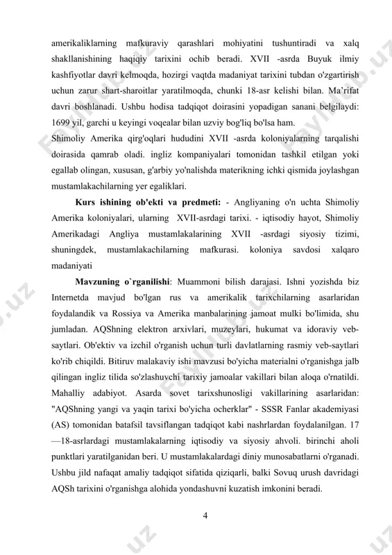 si xalqaro madaniyati mavzuning o`rganilishi: muammoni bilish darajasi. ishni yozishda biz internetda mavjud bo'lgan rus va amerikalik tarixchilarning asarlaridan foydalandik va rossiya va amerika manbalarining jamoat mulki bo'limida, shu jumladan. aqshning elektron arxivlari, muzeylari, hukumat va idoraviy veb-saytlari. ob'ektiv va izchil o'rganish uchun turli davlatlarning rasmiy veb-saytlari ko'rib chiqildi. bitiruv malakaviy ishi mavzusi bo'yicha materialni o'rganishga jalb qilingan ingliz tilida so'zlashuvchi tarixiy jamoalar vakillari bilan aloqa o'rnatildi. mahalliy adabiyot. asarda sovet tarixshunosligi vakillarining asarlaridan: "aqshning yangi va yaqin tarixi bo'yicha ocherklar" - sssr fanlar akademiyasi (as) tomonidan batafsil tavsiflangan tadqiqot kabi nashrlardan foydalanilgan. 17—18-asrlardagi mustamlakalarning iqtisodiy va siyosiy ahvoli. birinchi aholi punktlari yaratilganidan beri. u mustamlakalardagi diniy munosabatlarni o'rganadi. ushbu jild nafaqat amaliy tadqiqot sifatida qiziqarli, balki sovuq urush davridagi aqsh tarixini o'rganishga alohida yondashuvni kuzatish imkonini beradi. zamonaviy mahalliy mualliflar orasida biz quyidagilarni nomlashimiz mumkin: e.a. ivanyan "aqsh tarixi: universitetlar uchun qo'llanma" - so'nggi yillarda o'z ahamiyatini yo'qotmagan ushbu …