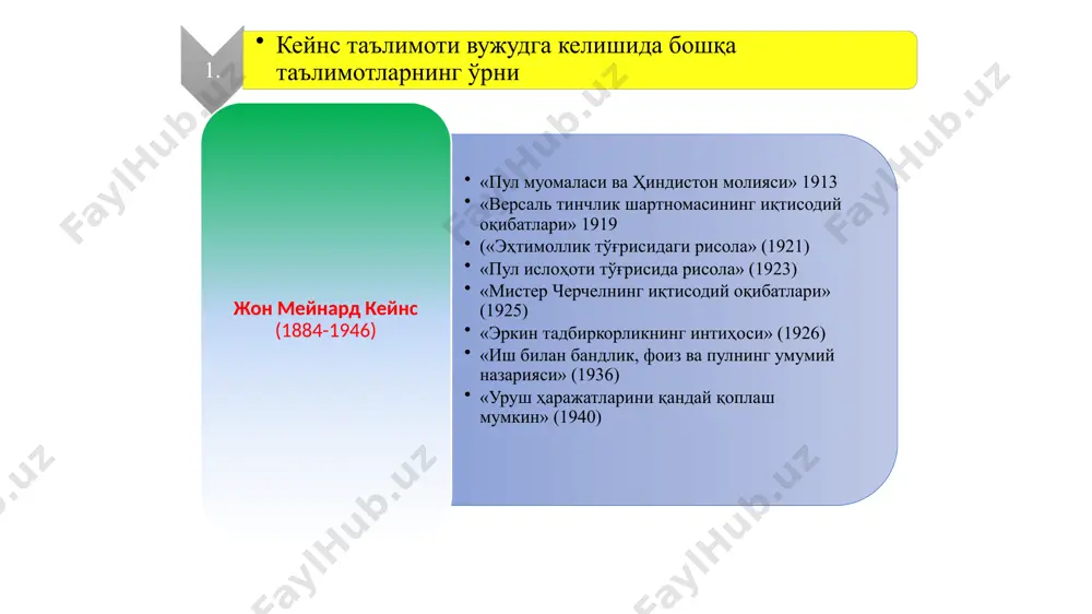 о даражадаги тартибга солиш усуллари билан уйғунликда ривожланади такрор ишлаб чиқариш жараёни кўп босқичли ва кўп ўлчовли тизим ҳисобланади кейнс назариясининг олдинги назариялардан фарқи иқтисодиётда юз бераётган жараёнларни аксарият ҳолларда шартли, абстракт ҳолда кўриб чиқишади. улар олигополия шароитида нархларнинг автоматик ўзгармаслигини эътиборга олишмайди. чунки нархлар графикларда тасвирланганлиек эгилувчан эмас, бозорлар ҳолати тўғрисидаги ахборотлар эса тўлиқ эмас ва кўпинча нотўғри бўлади. а.маршалл талаб, таклиф, нарх категорияларини микро даражада кўриб чиққан ж.кейнс сабаб-оқибат боғланишларни миллий иқтисодиёт даражасида аниқлаш зарур ж.сэйнинг ишлаб чиқариш талаб ва таклиф мувозанатини таъминлаш орқали даромадларни шакллантиради, деган фикрининг нотўғрилигини исботлаб берди. классик мактаб сотиш учун товарлар ишлаб чиқариш орқали инсонлар бошқа товарларга талабни шакллантиришган. албатта, ишлаб чиқариш билан бир вақтда даромадлар шаклланади. аммо даромад шаклида олинган пул шу вақтнинг ўзида товарлар сотиб олишга сарфланишига ким кафолат беради? нима учун сотувчи даромадиги тезликда бошқа товарларни сотиб олишга сарфлаши зарур? кейнс концепциясининг таркиби самарали талаб пул ва фоиз иқтисодиётда давлатнинг …