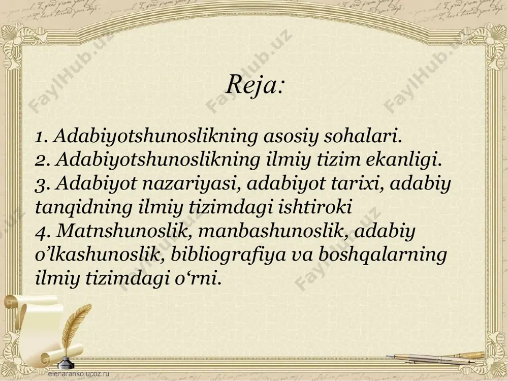 irishadi. adabiyot tarixi – insoniyat tarixining bir qismi, madaniy tarix tarkibida qaraladi. insoniyat tarixi esa bir necha turlarga: fuqarolik tarixi, davlatchilik tarixi, madaniy tarix va boshqalarga ajraladi. so‘nggisi, ya’ni madaniyat tarixi san’at tarixi, shaharlar tarixi va boshqa qismlarga bo‘linadi. madaniyat tarixining eng unumli sohalaridan biri san’at tarixidir. bu tarix, o‘z navbatida, san’atning turlaridan kelib chiqib: musiqa tarixi, rassomchilik tarixi, haykaltaroshlik tarixi, raqs tarixi v.b. qatorida adabiyot tarixiga alohida e’tibor beriladi. demak, u xalq madaniy tarixining harakatdagi muayyan bir qismi sifatida anglashiladi. o‘zbek adabiyoti tarixining yaratilishida prof. fitratning “eng eski turk adabiyoti namunalari” (1927), “o‘zbek adabiyoti namunalari. 1-jild” (1928) bu yo‘nalishdagi ilk qo‘llanmalar sanaladi. shuningdek, a.sa’diy, o.sharafiddinov, p.shamsiev, v.zohidov, a.qayumov, a.hayitmetov, a.abdug‘afurov, r.orzibekov va boshqalarning adabiyot tarixiga oid ishlari ahamiyatlidir. uzoq yillar oliy o‘quv yurtlarida n.mallaev, v.abdullaev, g‘.karimov tomonidan yaratilgan “o‘zbek adabiyoti tarixi” asosiy darslik sifatida qo‘llanildi. adabiyot nazariyasi – badiiy adabiyotning o‘ziga xos turi, estetik va ijtimoiy funksiyasi, adabiy jarayon …