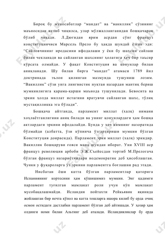 ибора унинг уша вактдаги куч кудратидан далолат беради. бу даврда аёллар сайлаш ҳуқуқига эга булмаганлар ва парламент сайлаш ҳуқуқига эга булган шахслар гуруҳининг ун - ун беш фоизи томонидангина сайланган. учинчи боскични шартли равишда парламентаризмнинг инкироз даври деб аташ мумкин. xx асрнинг бошларида тараккий этган давлатларнинг кўпчилигида ҳолат узгарди: бошқа ижтимоий катламлар ҳам сиёсий ҳаётда қатнашишни талаб қила бошладилар, ушбу қатламлар ва гуруҳлар манфаатларини ифодаловчи партиялар ташкил топа бошлади, цензли сайлаш ҳуқуқи анахронизм деб санала бошланди. парламент олдингидек карорлар қабул қилишда тезкор эмас эди, энг муҳими, у бир қатлам манфаатларини ифодалашдан тўхтади. парламент ўз ўрнини ижро хокимиятига бўшатиб бериши кераклиги талаб қилинди ва хақиқатда ҳам ижро ҳокимияти лидерлик позициясини эгаллади. илмий - тадқикотчилар бу ҳолни маъқулладилар. масалан, англиялик профессор дженингс парламентнинг вазифаси мамлакатни бошқариш эмас, балки жамоатчилик фикрини шакллантиришга таъсир кўрсатиш ва ҳукумат ҳатти - ҳаракатларини назорат қилиш деб ҳисоблайди. «парламент инқирози» деярли узок вақт ҳукм сурди. охирги йигирма йилликда …