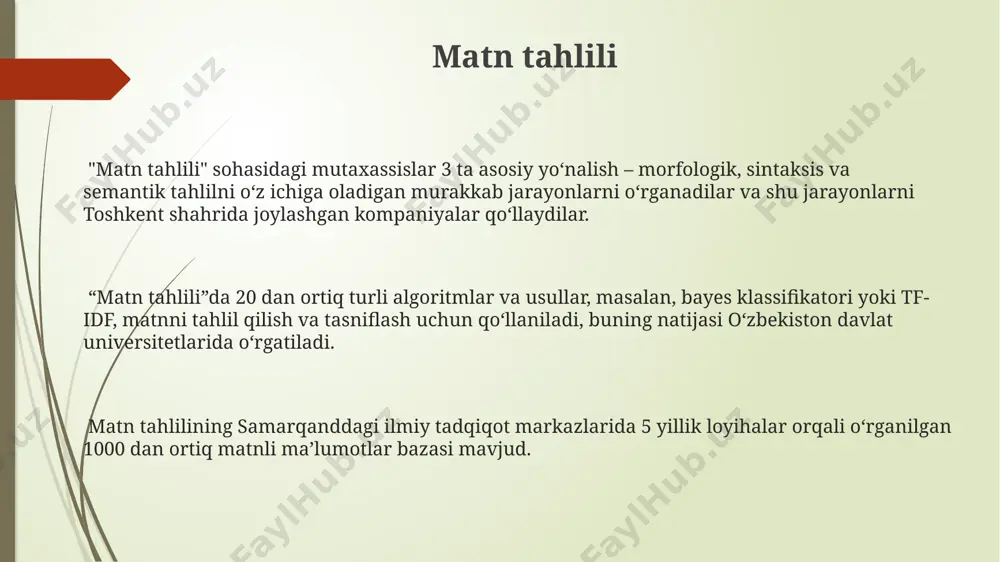 bogʻlangan gaplar yigʻindisidir, masalan, 19-asr oxiri oʻzbekiston adabiyotida keng tarqalgan. matnlar turli xil janrlarga, masalan, hikoya, sheʼr yoki maʼruza tarziga ega boʻlib, 7-sinf darsliklarida misol tariqasida koʻrsatiladi. matn til birliklarining – fonemalar, morfemalar, soʻzlar, gaplar – oʻzaro bogʻliq holda, muayyan semantik va grammatik tuzilishda joylashishi natijasida yuzaga keladi, masalan, ingliz tilidagi 3 ta soʻzdan iborat qisqa matn. matnning kohеziyasi матнинг когезияси 3 та асосий усул орқали – референция, лексик-семантик боғланиш ва грамматик боғланиш воситалари ёрдамида амалга оширилади, бундай боғланишлар матннинг узлуксизлигини таъминлайди. матнинг когезия даражаси унинг тушунилишлиги ва маъноли бўлишини белгилайди, мисол учун, 100 сўзли матнда 7-8 та когезия воситасининг бўлиши мақбул саналади. ўзбекистоннинг турли минтақаларидаги, хусусан, тошкент ва самарқанд шаҳарларидаги адабий асарларда матн когезиясининг 2 хил тури – эксплицит ва имплицит турлари кўп учрайди. matn tuzilishi matn tuzilishi 3 qismdan: kirish, asosiy qism va xulosadan iborat boʻlib, har bir qism oʻziga xos 5-7 xil paragrafdan tashkil topadi va ma’lumotlar …