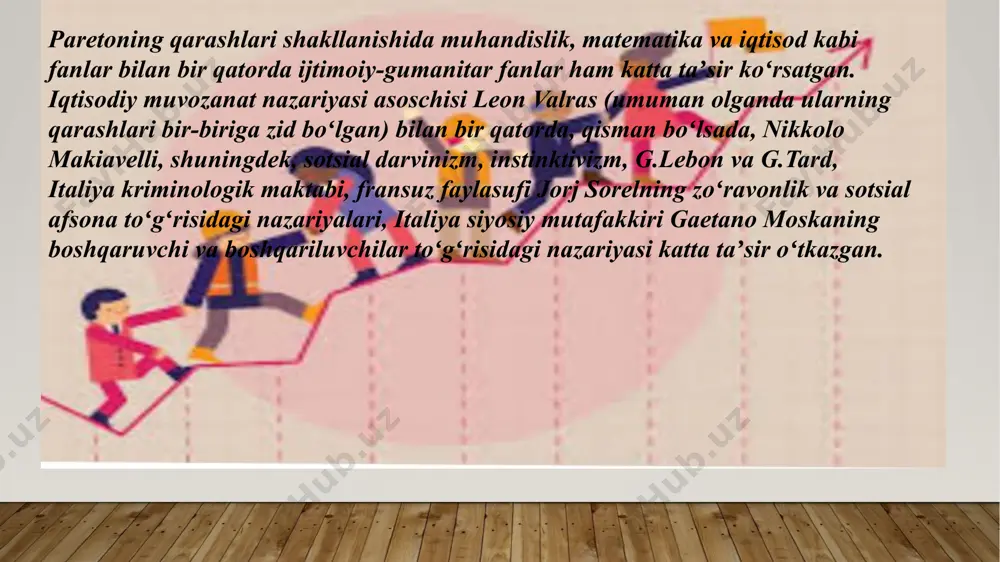 langanidek, paretoning inson tabiati haqida ijobiy fikrga ega emasligi ajablanarli emas, chunki bu yerda biz unga n.makiavellining “hukmdor” asari taʼsirini kuzatishimiz mumkin boʻladi. freyd bilan solishtirishni davom etgan holda shuni taʼkidlash lozimki, pareto psixoanaliz asoschisi singari insonni tuygʻular instinktlar va mayllar bilan boshqariluvchi irratsional mavjudot,deb hisoblaydi. freyd singari u ham inson xulq- atvorining irratsional asoslarini ratsional tarzda tushuntirishga harakat qiladi uning fikricha, "traktat"ining asosiy va birdan-bir maqsadi – fizika, kimyo, astronomiya, biologiya va boshqa shunga oʻxshash fanlarda oʻzini oqlagan metodlarni sotsial fanlarda qoʻllagan holda eksperimental voqelikni tadqiq etishdan iborat. 2.jamiyat individlarning oʻzaro munosabatlari tizimi sifatida paretoning fikricha, nazariyada axloqiy va umuman qadriyat elementlari doim faktlarni buzib koʻrsatishga olib keladi. shuning uchun ulardan imkon qadar voz kechish talab etiladi. paretoning nazarida har bir nazariyani uch jihatdan koʻrib chiqish mumkin: 1) obyektiv 2) subyektiv 3) utilitar . paretoning nazarida, uning sotsiologik tizimi xix asr ijtimoiy-siyosiy qarashlarida asosiy oʻrinni egallagan jamiyat toʻgʻrisidagi metafizik …