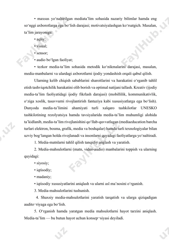 rga ega bo‘lish). dunyoda media-ta’limini ahamiyati turli xalqaro tashkilotlar unesko tashkilotining rezolyutsiya hamda tavsiyalarida media-ta’lim muhumligi alohida ta’kidlanib, media-ta’lim rivojlanishini qo‘llab-quvvatlagan (mediaeducation barcha turlari elektron, bosma, grafik, media va boshqalar) hamda turli texnologiyalar bilan uzviy bog‘langan holda rivojlanadi va insonlarni quyidagi faoliyatlarga yo‘naltiradi. 1. media-matnlarni tahlil qilish tanqidiy anglash va yaratish. 2. media-mahsulotlarni (matn, video-audio) manbalarini toppish va ularning quyidagi: • siyosiy; • iqtisodiy; • madaniy; • iqtisodiy xususiyatlarini aniqlash va ularni asl ma’nosini o‘rganish. 3. media-mahsulotlarini tushunish. 4. shaxsiy media-mahsulotlarini yaratish tarqatish va ularga qiziqadigan audito¬riyaga ega bo‘lish. 5. o‘rganish hamda yaratgan media mahsulotlarni hayot tarzini aniqlash. media-ta’lim — bu butun hayot uchun konsep¬siyasi deyiladi. bugungi kunda axborot olamida internet, internet-televideniye, internet-radio, elektron pochta, onlayn-video kabi ko‘plab yangi axborot tarqatish texnologiyalari tez sur’atlar bilan rivojlanib, ularning auditoriyasi va ta’sir doirasi tobora kengayib borayotganligiga guvoh bo‘lmoqdamiz. bunday axborot vositalariga asosan yoshlar juda katta qiziqish bilan qarashi va ulardan keng foydalanishini …