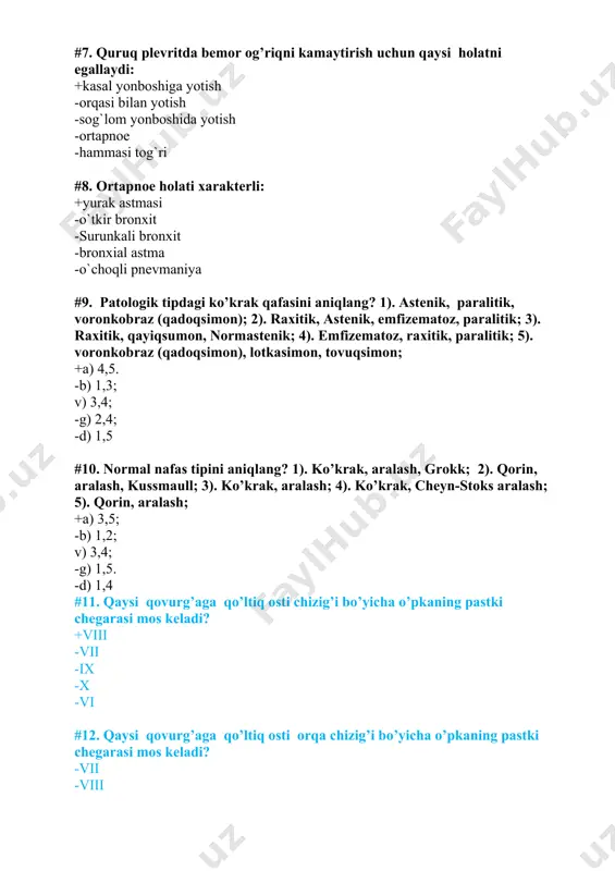 icha o’pkaning pastki chegarasi mos keladi? viii ix vii x vi #15. o’ng tomondan qaysi qovurg’aga o’rta o’mrov chizig’i bo’yicha o’pkaning pastki chegarasi mos keladi? vi viii vii x ix 16. o’pka ekskursiyasi qaysi topografik chiziqlardan aniqlanadi noto’g’ri javob tanlang? a) o’ngdan o’rta o’mrov chizig’idan; b) qo’ltiq osti chizig’idan; v) chapdan o’rta o’mrov chizig’idan;g) kurak chizig’idan; b va v a va b v va g a va g b va g #17. o’pkaning pastki chegarasini bir tomonlama pastga siljishini ko’rsating: emfizsmada metorizmda splanhnoptozda ascitda bir tomon gidrotoraksida #18. bir tomonlama o’pkaning pastki chegarasini pastga siljishini ko’rsating: bir tomon pnevmotoraks metorizmda splanhnoptozda ascitda emfizsmada #18. yalliglanish boshlanishi davrida (krupoz pnevmoniya i klinik bosqich) qanday perkutor tovush hosil bo’ladi? timpanik ohangdagi bo’g’iqlashgan tovush absolyut bo’g’iq (son) yoki bo’g’iqroq tovush aniq o’pka tovushi timpanik tovush qutisimon tovush #19. krupoz yallig’lanishning ii klinik bosqichida qaysi asosiy shovqin eshitiladi? bronxial nafas amforik nafas krepitasiya redux …