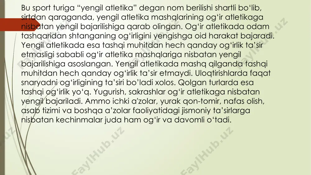 ning ish qobiliyatiga qo‘yilgan talab yurgandagiga nisbatan anchagina katta bo’ladi. chunki yugurganda a’zoyi badandagi mushak guruhlarining deyarli hammasi ishga tushadi, yurakqon tomir, nafas olish va boshqa tizimlar faoliyati kuchayadi, modda almashinish ancha oshadi. shug'ullanuvchilarning imkoniyatlariga qarab, masofa uzunligini va yugurish tezligini o‘zgartirish bilan ish miqdorini har xil qilish, odamning chidamliligi, tezkorligi va boshqa fazilatlari rivojlanishiga ta’sir o'tkazishi mumkin. masalan, unchalik tez emas, lekin uzoq vaqt yugurish (ayniqsa o'rmon yoki istirohat va bog’larda) ning gigiyenik ahamiyati katta bo'lib, bu sog'lomlashtirishning eng yaxshi vositalaridan biri hisoblanadi. yuqori tezlikda yugurish shug'ullanuvchilarga, xususan ularning yurak-qon tomir va nafas olish tizimlariga qo'yilgan talabni oshiradi va chidamlilikni rivojlantiradigan zo'r vosita bo'lib xizmat qiladi. juda katta tezlikda yugurish esa, tezlikni rivojlantirish uchun o'tkaziladigan maxsus mashg‘ulotlarga kiritiladi. yugurish bilan shug’ullanish jarayonida kishi irodasi mustahkamlanadi, o'z kuchini taqsimlay olish, to'siqlardan o‘ta bilish, ochiq joyda mo‘ljal ola bilish qobiliyati hosil bo'ladi. yugurish — har tomonlama jismoniy rivojlanishning asosiy vositalaridan biri. …