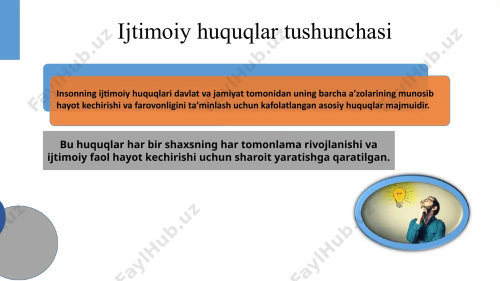 akllari, davlat va nodavlat ta’lim tashkilotlari rivojlanishini ta’minlaydi. davlat maktabgacha ta’lim va tarbiyani rivojlantirish uchun shart-sharoitlar yaratadi. davlat bepul umumiy o‘rta ta’lim va boshlang‘ich professional ta’lim olishni kafolatlaydi. umumiy o‘rta ta’lim majburiydir. maktabgacha ta’lim va tarbiya, umumiy o‘rta ta’lim davlat nazoratidadir. ta’lim tashkilotlarida alohida ta’lim ehtiyojlariga ega bo‘lgan bolalar uchun inklyuziv ta’lim va tarbiya ta’minlanadi. texnikaviy madaniyat yutuqlaridan badiiy ijod erkinligi ilmiy ilmiy, texnikaviy va badiiy ijod erkinligi, madaniyat yutuqlaridan foydalanish huquqi har kimga foydalanish huquqi kafolatlanadi intellektual mulk qonun bilan muhofaza qilinadi. davlat jamiyatning madaniy, ilmiy va texnikaviy rivojlanishi haqida g‘amxo‘rlik qiladi. image1.png image2.png image3.png image4.png image5.png image6.png image7.jpeg image8.jpg image9.jpg image10.jpg image11.jpg image12.jpg image13.jpeg image14.jpg image15.jpg image16.emf /docprops/thumbnail.jpeg