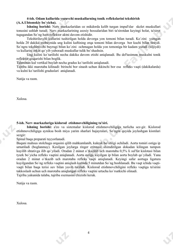shtativga ilib qo`yiladi. oradan 2 minut o`tkazilib uch marotaba 0,5% li sul'fat kislotasi bilan tyurk bo`yicha refleks vaqtini aniqlanadi. aorta ostiga kuyilgan ip bilan aorta boylab qo`yiladi. yana oradan 2 minut o`tkazib uch marotaba refleks vaqti aniqlanadi. keyingi safar aortaga ligatura kuyilgandan so`ng refleks vaqtini aniqlash kamida 5 minutdan so`ng boshlanadi. bu vaqt ichida vaqti-vaqti bilan baqa terisi suv bilan yuvib turiladi. kislorod etishmovchiligini refleks vaqtiga ta'sirini takkoslash uchun uch marotaba aniqlangan refleks vaqtini urtacha ko`rsatkichi olinadi. tajriba yakunida talaba, tajriba sxemasini chizishi kerak. natija va rasm. xulosa. mavzu: mns da tormozlanish mustaqil tayyorlanish uchun savollar: kuzgalish va tormozlanish tushunchalarini aniqlash. i.m.sechenov tomonidan markaziy tormozlanishni kashf etilishi. gol'ts bo`yicha tormozlanish. sherrington - retsiprok tormozlanishi. tormozlanish turlari. postsinaptik va presinaptik tormozlanishlar mehanizmi. tormozlanish ahamiyati. mns ning koordinatsiyasi faoliyati. koordinatsiya faktorlari. amaliy ishlar 1-ish. strihnin va efir (hloroform) ta'sirida reflektor aktlar koordinatsiyasini buzilishi. markaziy nerv sistemasining strihnin va efirga sezgirligi. baqaning limfatik …