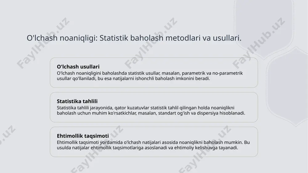 va ishonchlilik standartlar o'lchovlar ishonchliligini oshiradi, bu orqali tadqiqotlar, sanoat va ilmiy ishlar uchun sifatli natijalar olish imkonini beradi. xulosa o'lchash noaniqligi ahamiyati o'lchash noaniqligi, o'lchov jarayonlarida ishonchli va aniq natijalarni ta'minlashda muhim rol o'ynaydi va ilmiy tadqiqotlarda asosiy ahamiyatga ega. xatoliklar va ularning turlari o'lchash jarayonida asbobiy va sub'ektiv xatoliklar mavjud. ularni aniqlash va kamaytirish, natijalar ishonchliligini oshirishga yordam beradi va sifatni ta'minlaydi. standartlar va global ahamiyati milliy va xalqaro standartlar, o'lchash natijalarini taqqoslash va muvofiqligini ta'minlashda muhimdir. ular ishonchlilikni oshirib, global harmonizatsiyani ta'minlaydi. foydalanilgan adabiyotlar 1. botirov, a. oʻlchash noaniqligi: asosiy tushunchalar va ta'riflar. o'zbekistan milliy universiteti, 2021 2. jumayev, t. noaniqlik klassifikatsiyasi va uning amaliy ahamiyati. o'zbekiston respublikasi fanlar akademiyasi, 2020 3. xodjaev, s. o'lchash noaniqliklarini kamaytirish usullari. o'zbekiston texnika universiteti, 2022 4. rahmonov, m. o'lchov natijalarida noaniqliklarni baholash. o'zbekiston respublikasi davlat statistika qo'mitasi, 2019 5. saidov, b. noaniqliklar va ularning ta'siri: nazariy va amaliy jihatlar. o'zbekiston …