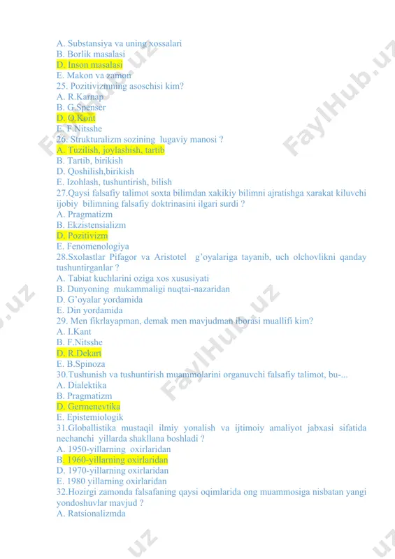 ri nechanchi asrlardan boshlab kuzatilgan ? a. 18 asrda b. 19 asrda d. 15 asrda e. 20 asrda 35. falsafaning fandan ustunligi nima? a. muayyan dalillarga tayanish b. e�tborni ishni mohiyatiga qaratish d. xulosalarni tafsilotlarga karatish e. falsafa jamiyat muammolarini o�rganadi 36. globallashuvning vujudga kelishga asos bo�lgan yirik sabablarni toping? a. hayotning barcha sohasida integratsiyalashuvi b. fan va texnika kashfiyotlari d. falsafada yangi ta�limotlarning vujudga kelishi e. odamlar sonining keskin o�sishi 37. eng qadimgi ilk dunyoqarash shakli? a. siyosiy va xuquqiy b. diniy va falsafiy d. axloqiy va badiiy e. diniy-mifologik 38. «falsafa - mustaqil ijtimoiy ong shaklidir» deganda nimani anglashimiz kerak? a. dunyoni abstrakt obrazlar orqali in�ikos etganligini b. insoniyat tomonidan to�plangan ilmiy bilimlar asosida dunyoni idrok etilganligini d. dunyoni mantiq qonunlari va kategoriyalari asosida aks ettiruvchi alohida bilish bosqichi bo�lganligini e. har qanday falsafiy dunyoqarash muayyan manfaatlarga mos kelganligini 39. «aristotel falsafasining o�ziga xosligi» nimada ko�rinadi? a. uning …