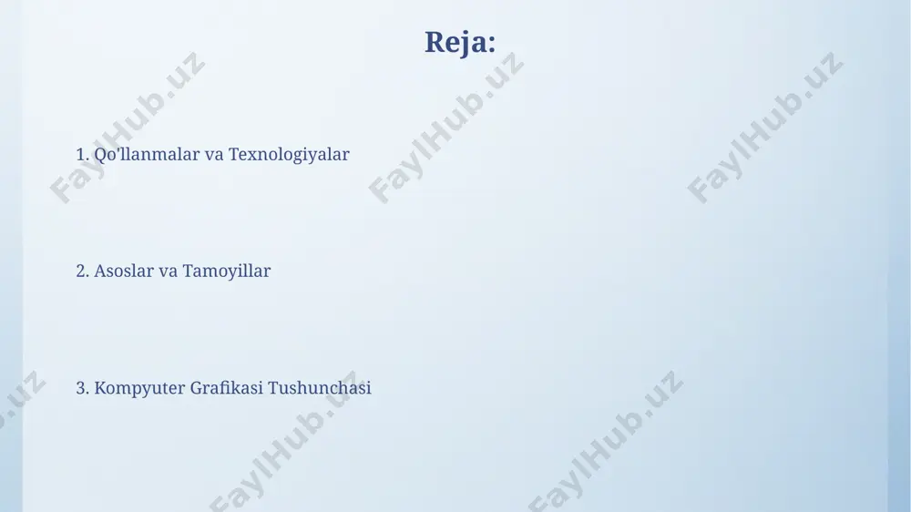 'lib, bu ularning kattalashtirilganda sifatining farqlanishiga olib keladi: raster grafikalar piksellar soni cheklanganligi sababli sifatini yo'qotadi, vektor grafikalar esa sifatini saqlaydi. teksturalar va materiallar teksturalarning sifatini aniqlashda 256 dan ortiq ranglardan foydalaniladigan rgb rang modeli keng qo‘llaniladi, bu esa realistik ko‘rinishga erishish imkonini beradi. pbr (physically based rendering) materiallar modeli yorug'likning fizik xususiyatlarini hisobga olgan holda realistik materiallarni simulyatsiya qilish imkonini beradi, bu esa metallarning yorqinligi yoki yog'ochning qo'polligi kabi 10 dan ortiq parametrlar bilan belgilanadi. 2d grafikalar 2d grafikalarni yaratishda ishlatiladigan asosiy vositalardan biri raster grafikasi bo'lib, u 72 yoki 300 dpi kabi turli piksel zichligiga ega bo'lishi mumkin va bu tasvir sifatiga ta'sir qiladi. vektor grafikalari esa matematik formulalar yordamida shakllarni tasvirlaydi, bu esa tasvirni istalgan o'lchamda kattalashtirishga imkon beradi, piksellar soni o'zgarmaydi. kompyuter grafikasida qo'llaniladigan algoritmlar kompyuter grafikasida 3d modellarning murakkab geometriyasini soddalashtirish uchun, masalan, lod (level of detail) algoritmlari yordamida, masofaga qarab geometriyaning murakkablik darajasini o'zgartirish …