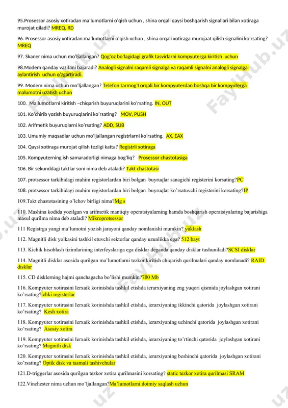n kompyuterlar 68. fon neyman kompyuteri nechta asosiy qismlardan iborat? 5ta 69. protsessorning qaysi registrida keying bajariladigan buyuruqning adresi yozib turiladi? pc 70. is 10646 xalqaro standarti deb e’lon qilingan kodni ko’rsating. unicode 71. tashqi qurilmalarni boshqarish dasturi nima deb nomlanadi? drayver 72. tez ishlaydigan grafik port shinasini ko’rsating? agp 73. ma’lumotlarni ketma ket uzatuvchi universal shinani ko’rsating. usb 74. sanoatdagi standart arxitekturali shinani ko’rsating. isa 75. sanoatdagi kengaytirilgan standart arxitekturali shinani ko’rsating. eisa 76. kompyuterning tashqi tashkil etuvchi qurilmalarni o’zaro birgalikda ishlashini ta’minlovchi shinani ko’rsating. pci 77. 4 gbaytli asosiy xotiraga ega bo’lgan kompyuterlarda, adres shinasi necha razryadga teng bo’ladi? 32 78. protsessorning siklining birinchi bosqichida nima amalga oshiriladi? pc yordamida bajarilishi kerak bo’lgan buyruq tanlab olinadi 79. protsessorning siklining ikkinchi bosqichida nima amalga oshiriladi? pc ning qiymati orttriladi 80. protsessorning siklining uchinchi bosqichida nima amalga oshiriladi? buyruq dekodlanadi 81. protsessorning siklining to’rtinchi bosqichida nima amalga oshiriladi? buyruqni bajarish …
