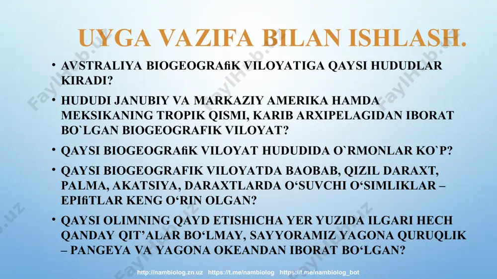 turi, yashash muhitining xilma-xilligi natijasida sutemizuvchilarning quyidagi turkumlari kelib chiqqan. oztishlilar hasharotxo‘rlar kitsimonlar kurakoyoqlilar toq tuyoqlilar juft tuyoqlilar yirtqichlar kemiruvchilar qo‘lqanotlilar http://nambiolog.zn.uz https://t.me/nambiolog https://t.me/nambiolog_bot galapogoss orollarida morfoﬁziologik xususiyatlari jihatdan farqlanadigan vyuroklarning bitta yoki bir nechta ajdod turlardan kelib chiqqanligi divergent formalarga misol bo‘ladi http://nambiolog.zn.uz https://t.me/nambiolog https://t.me/nambiolog_bot no‘xat gajaklari kaktus tikanlari zirk tikanlari divergensiya hodisasi o‘simliklarda (bargning shakl o‘zgarishi ) http://nambiolog.zn.uz https://t.me/nambiolog https://t.me/nambiolog_bot evolutsiya jarayonida turlar orasidagi farq kuchaysa ham, biroq ularning anatomik-ﬁziologik tuzilishidagi umumiylik saqlana borgan. http://nambiolog.zn.uz https://t.me/nambiolog https://t.me/nambiolog_bot divergensiya tur paydo bo‘lishning yo‘llaridan biri bo‘lib, bunda populatsiyalar evolutsiyaning boshlang‘ich omillari ta’siri natijasida ajdod turdan sezilarli darajada farq qiladigan belgilarni to‘playdi va saqlaydi, oqibatda tur ajralib, yangi turlarni hosil qiladi. http://nambiolog.zn.uz https://t.me/nambiolog https://t.me/nambiolog_bot parallel evolutsiya bir biriga qarindosh bo‘lgan organizmlar guruhlarida bir yo‘nalishda o‘xshash belgilar paydo bo‘lishi bilan ifodalanadigan evolutsion o‘zgarish. http://nambiolog.zn.uz https://t.me/nambiolog https://t.me/nambiolog_bot pangolin zirhli sutemizuvchi kitsimonlar va kurak oyoqlilar bir-biridan mustaqil holda suv muhitiga o‘tishgan va ularda suv …