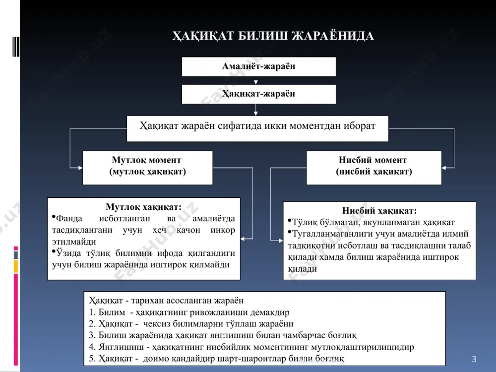 сосий тушунчаларининг таъ- рифлари киради. бу мазкур фаннинг барча тушунчалари таърифланиши лозим деган маънони англатмайди. таърифлаш – номаълумни маълумга, мураккабни соддага боғлаш демак. исботланаётган тезис таянадиган исботлаш учун асослар қаторига фаннинг асосий тушунча- лари таърифлари ва аксиомалардан ташқари тезисни асослаш учун зарур бўлган фаннинг ил- гари исботланган қоидалари ҳам киради. фан ўз қоидаларининг далил-исботларини қанча кўп ривожлантирса, ҳар бир янги қоидани исботлаш учун олдинги асослар сони шунча кўпаяди. www.arxiv.uz www.arxiv.uz * www.arxiv.uz эмоциялар–ҳодисалар ва ҳолатлар аҳамиятини бевосита ҳис этиш деб аталади. ижобий эмоциялар – лаззатланиш, қувонч, ҳайрат, муҳаббат ва ш.к. салбий эмоциялар – қўрқув, ҳайиқиш, нафрат, қайғу ва ш.к. www.arxiv.uz * . . –. ирода инсон руҳиятининг ҳар хил шакллари орасида – субъектнинг ўз фаолиятини ўзи тартибга солиши муҳим аҳамиятга эга идеал ишонч пировард келажакнинг муайян образи эмас, балки қайта кўрилиши мумкин бўлган ҳар хил назарий ва бошқа тасаввурларнинг келажакка қаратилган мажмуи инсоннинг қадриятлари ва мўлжаллари дунёсида бирон-бир нарса ёки …