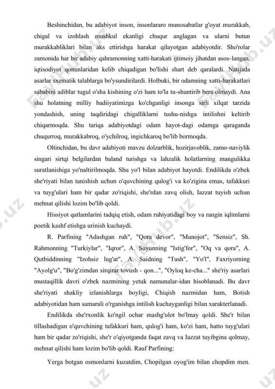 ma'naviyatini rnukammallashtirishga yo'naltirildi. bu hoi badiiy qahramonlarni turli rakurslardan turib, eng ichkin va yashirin jihatiari-gacha tadqiq etish imkoniyatini berdi. shu sababdan ham istiqlol davri ada​biyoti "aholisi" sezilarli darajada nozik, ingichka, o'ziga xos, betakror bo'lib bormoqda. bu davr adabiyotida tipik obrazlarni emas, badiiy tiplarni tasvir​lashga ko'proq intilinayotganligining sababi ham shunda. shu yo'sin, bu davr adabiyoti ommani ko'rsatishga emas, shaxsni tadqiq etishga yo'naltirildi. beshinchidan, bu adabiyot inson, insonlararo munosabatlar g'oyat mu​rakkab, chigal va izohlash mushkul ekanligi chuqur anglagan va ularni butun murakkabliklari bilan aks ettirishga harakat qilayotgan adabiyotdir. sho'rolar zamonida har bir adabiy qahramonning xatti-harakati ijtimoiy jihatdan asos-langan, iqtisodiyot qonunlaridan kelib chiqadigan bo'lishi shart deb qaralardi. natijada asarlar sxematik talablarga bo'ysundirilardi. holbuki, bir odamning xatti-harakatlari sababini adiblar tugul o'sha kishining o'zi ham to'la tu-shuntirib bera olmaydi. ana shu holatning milliy badiiyatimizga ko'chganligi insonga sirli xilqat tarzida yondashish, uning taqdiridagi chigalliklarni tushu-nishga intilishni keltirib chiqarmoqda. shu tariqa adabiyotdagi odam hayot-dagi odamga qaraganda chuqurroq, …