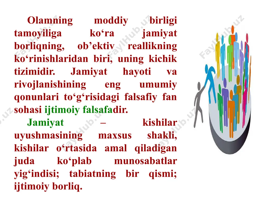yo va zaruriy mahsulotlarni ishlab chiqaruvchilar; v) davlatni qo‘riqlash, uni turli tashqi xujumlardan saqlashni ta’minlaydigan xarbiylar. abu rayhon beruniy birinchilardan bo‘lib sivilizatsiyalarning paydo bo‘lishida tabiiy-geografiy muhitning tutgan o‘rnini asoslashga uringan. u jamiyatni idora qilish va boshqarishning mohiyati aziyat chekkanlarning huquqlarini himoya qilish, birovlarning tinchligi yo‘lida o‘z tinchligini yo‘qotishidan iborat, deb bilgan. foma akvinskiy va uning izdoshlari inson va jamiyatning paydo bo‘lishini xudoning irodasi bilan bog‘laganlar. gegel (1770-1831) jamiyatning paydo bo‘lish sabablaritsi mutlaq ruh taraqqiyotining qonuniyatli natijasi sifatida izohladi. o. kont (1758-1820) esa jamiyatning paydo bo‘lishi va rivojlanishini insoniyatning ma’naviy taraqqiyoti mahsuli sifatida talqin etdi. i.kant (1724-1774) kishilik jamiyatining paydo bo‘lishi ahloqiy ongning rivojlanishi, oilaning vujudga kelishi bilan bog‘ladi. uning fikricha, dunyoda insonparvarlik tamoyiliga asoslangan ijtimoiy tuzumni tashkil etish uchun insoniyat beshta muhim vazifani ado etishi zarur. 1. erkinlikni mustahkamlash, undan kelib chiqadigan mas’uliyatni anglash; 2. dunyoda tinchlik o‘rnatish; 3. qashshoqlikka qarshi kurash; 4. demografik «portlash»ga qarshi kurash; 5. zo‘ravonlikka qarshi …