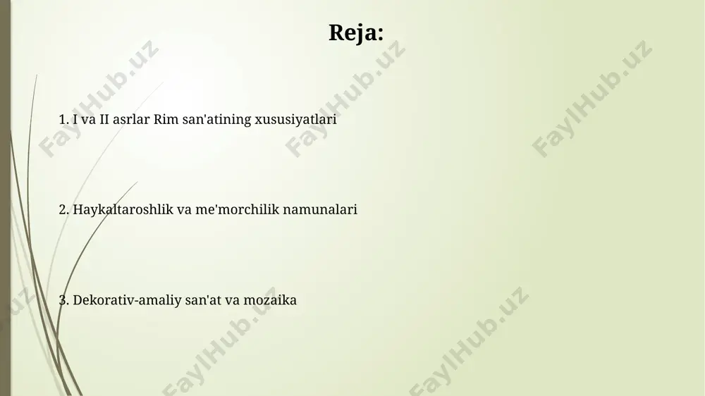 urgan. bu bezaklar marmar, gips va bronza kabi turli materiallardan yasalgan. "jamoat binolari bezagi" da ko'plab haykaltaroshlik elementlari, masalan, relyeflar, freskalar va mozaikalar, ko'pincha mifologik va tarixiy sahnalarni tasvirlagan. ularning hajmi 10 kvadrat metrdan 100 kvadrat metrgacha o'zgarib turgan. arxitektura rimliklarning 1-2-asrlardagi me'morchiligi ulkan amfiteatrlar, masalan, 50 000 tomoshabinga mo'ljallangan kolizey kabi yirik inshootlarning qurilishi bilan ajralib turadi. betonning keng qo'llanilishi tufayli rim me'morlari murakkab, baland binolar va katta gumbazlarni, masalan, panteonning 43 metrli gumbazini yaratishga muvaffaq bo'lishdi. yodgorlik haykallari yodgorlik haykallaridagi inson figuralarining tasviri realistik va ta'sirchan bo'lib, ko'pincha individual xususiyatlarini aniq ifodalaydi, ba'zan hatto emotsional holatlari ham aks etadi. bu davrdagi haykallarning taxminan 20-30%i marmardan yasalgan bo'lib, ularning yuqori sifati va detallashtirilishi bilan ajralib turadi, bu esa o'sha davrning yuksak badiiy madaniyatini aks ettiradi. yunon san'ati ta'siri yunon mifologiyasi va diniy mavzulardagi yuzlab haykallar, freskalar va mozaikalar, 1-2 asrlardagi rim san'atida yunon uslubidagi kompozitsiya va estetikaning ustunligini ko'rsatadi. …