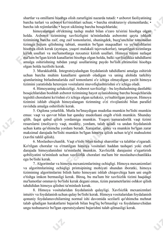 tni ruxsatsiz ta'sirdan himoya qilish - belgilangan huquqlarni va (yoki) ma'lumotlarni o'zgartirish qoidalarini buzgan holda himoyalangan axborotga ta'sir qilishning oldini olishga qaratilgan, uning buzilishiga, yo'q qilinishiga, axborotga kirishni blokirovka qilishga, shuningdek yo'qolishiga, yo'q qilinishiga yoki ishdan chiqishiga olib keladigan faoliyat. ommaviy axborot vositalari. axborot. axborotni qasddan bo'lmagan ta'sirlardan himoya qilish - himoyalangan ma'lumotlarning foydalanuvchi xatolaridan, axborot tizimlarining apparat va dasturiy ta'minotining ishdan chiqishidan, tabiiy hodisalardan yoki ma'lumotni o'zgartirishga qaratilgan bo'lmagan, buzilish, yo'q qilish, nusxalash, kirishni blokirovka qilishga olib keladigan boshqa choralar ta'sirining oldini olishga qaratilgan faoliyat. axborotni oshkor qilishdan himoya qilish - bu ma'lumotlardan foydalanish huquqiga ega bo'lmagan iste'molchilarga himoyalangan ma'lumotlarning ruxsatsiz oshkor etilishining oldini olishga qaratilgan faoliyat. axborotni ruxsatsiz kirishdan himoya qilish - qonun hujjatlarida yoki axborotning egasi, egasi tomonidan belgilangan himoyalangan ma'lumotlarga kirish huquqi yoki qoidalarini buzish orqali manfaatdor shaxsning himoyalangan ma'lumotlarni olishiga yo'l qo'ymaslikka qaratilgan faoliyat. himoyalangan ma'lumotlarga ruxsatsiz kirishni amalga oshiruvchi manfaatdor shaxs quyidagilar bo'lishi mumkin: …