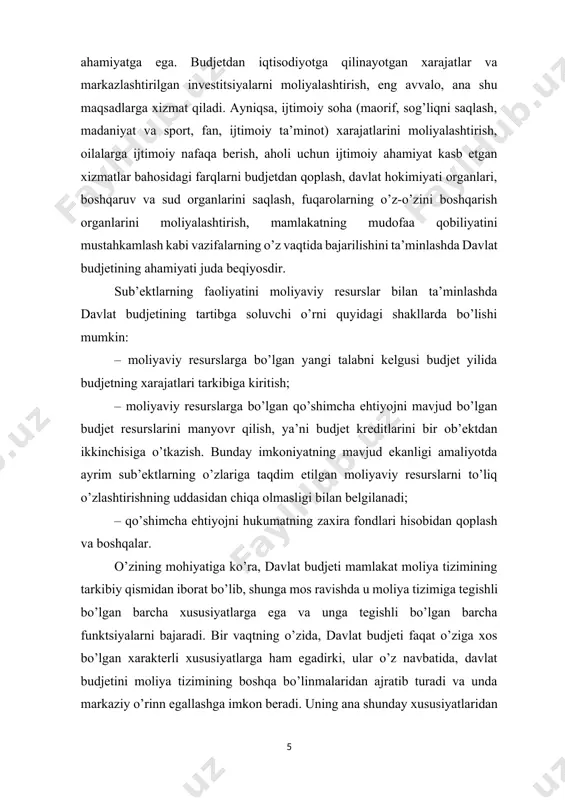 ing boshqa bo’linmalaridan ajratib turadi va unda markaziy o’rinn egallashga imkon beradi. uning ana shunday xususiyatlaridan biri bevosita davlatga tegishli ekanligidir. haqiqatdan ham har bir mamlakatda hukumat barcha moliyaviy munosabatlarning tashkilotchisi bo’lsada, uning bu xislati, ya’ni mamlakatning moddiy va moliyaviy resurslarini asosiy taqsimlovchisi sifatidagi o’rni faqat budjetda katta kuch bilan namoyon bo’ladi. yagonalik va markazlashuvning yuqori darajada ekanligi davlat budjetining muhim xususiyatlaridandir. turli ma’muriy-hududiy budjetlarning ko’pligiga qaramasdan ularning barchasi quyi bo’g’inlarning yuqori bo’linmalarga bo’ysunishiga ketma-ket rioya qilgan holda yagona davlat budjetiga birlashadi. bir vaqtning o’zida budjet resurslarini shakllantirish va ulardan foydalanishda oshkoralik ham ta’minlanadi. chunki davlat hokimiyatining barcha organlari o’zlarining budjet mablag’lariga ega bo’lib, bu borada ular o’zlariga tegishli bo’lgan budjet huquqlaridan foydalanadilar. yalpi ichki (milliy) mahsulotni davlat budjeti orqali taqsimlash, bir vaqtning o’zida, o’zaro bog’langan va ma’lum darajada nisbatan mustaqil ham bo’lgan uch bosqichga egadir: 1) umumdavlat pul fondini shakllantirish (budjet daromadlari); 2) hududiy va ma’lum maqsadlarga mo’ljallangan ko’p …