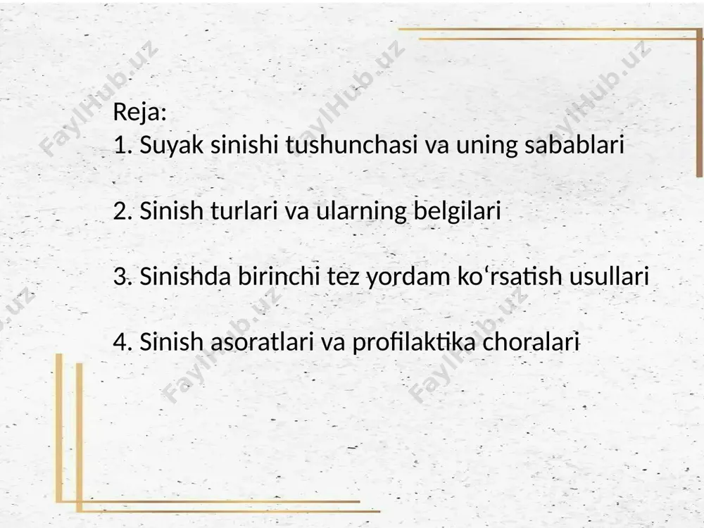rv va qon tomirlariga zarar yetadi. teri holatiga ko‘ra: yopiq sinish (fractura clausa): tashqi teri va yumshoq to‘qimalar zararlanmagan. infeksiya xavfi kam. og‘riq, shish, harakat chegaralanishi, shakl o‘zgarishi kuzatiladi. ochiq sinish (fractura aperta): suyak bo‘lagi terini yorib chiqadi yoki sinish kuchi tashqi teri va to‘qimalarni yoradi. bu holat infeksiya (osteomiyelit) xavfi bilan juda xavfli hisoblanadi. ko‘pincha qon ketishi, yarali yuzalar, suyak bo‘lagining ko‘rinishi kuzatiladi. suyak bo‘laklarining holatiga ko‘ra: siljigan sinish (fractura cum dislocatione): suyak bo‘laklari o‘z joyidan siljiydi. deformatsiya aniq seziladi. bunday sinishlar noto‘g‘ri bitish xavfi bilan kechadi. siljimagan sinish (fractura sine dislocatione): suyak bo‘laklari joyidan siljimaydi. diagnostikasi ba’zan murakkab bo‘lishi mumkin, lekin rentgenografiyada aniq ko‘rinadi. suyak sinish chizig‘iga ko‘ra: to‘liq sinish: suyak to‘liq ikkiga bo‘linadi. to‘liq bo‘lmagan sinish (yoriq): suyak to‘qimasida faqat yoriq kuzatiladi, to‘liq ajralmagan. bu bolalar va o‘smirlarda ko‘proq uchraydi. sinishda birinchi tez yordam ko‘rsatish usullari sinish yuz berganda tez yordam ko‘rsatish hayotiy ahamiyatga ega. asosiy qoidalar …