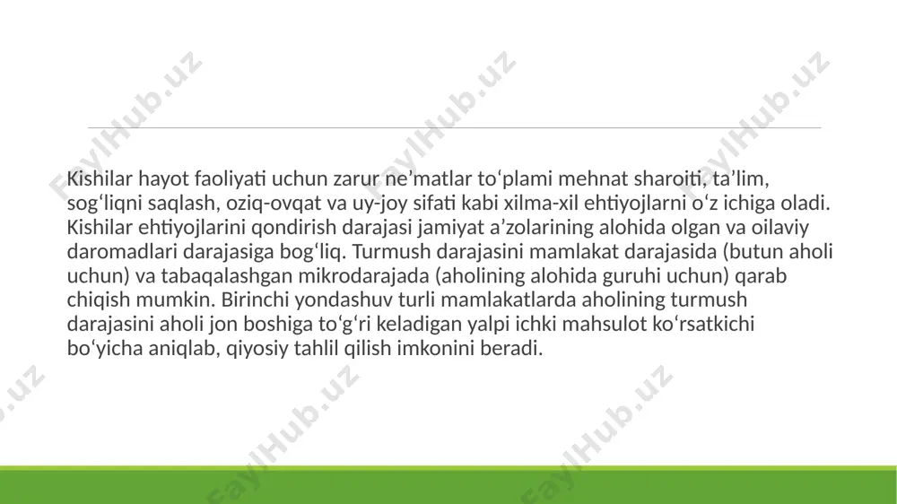 oizini, aholining 60 foizi daromadlarning 60 foizini olishini bildiradi va h.k. demak, 0e chizig‘i daromadlarning taqsimlanishidagi mutlaq tenglikni ifodalaydi. shuningdek, nazariy jihatdan mutlaq tengsizlikni ham ajratib ko‘rsatish mumkin. bunda aholining ma’lum guruhlari (20 foiz, 40 yoki 60 foiz va h.k.) hech qanday daromadga ega bo‘lmay, faqat bir foizi barcha 100 foiz daromadga ega bo‘ladi. rasmdagi 0fe siniq chizig‘i mutlaq tengsizlikni ifodalaydi. detsil koeffisienti daromadlar tabaqalanishini aniqlashning ko‘proq qo‘llaniladigan ko‘rsatkichlaridan biri detsil koeffisienti hisoblanadi. bu ko‘rsatkich 10 foiz eng yuqori ta’minlangan aholi o‘rtacha daromadlari va 10 foiz eng kam ta’minlanganlar o‘rtacha daromadi o‘rtasidagi nisbatni ifodalaydi. masalan, aqsh va buyuk britaniyada bu nisbat 13:1ga, shvetsiyada esa 5,5:1ga teng. “o‘zbekistonda mustaqillikning birinchi kunlaridan boshlab jamiyatning ijtimoiy tabaqalashuv darajasini kamaytirishga alohida e’tibor berilayotgani, sodda qilib aytganda, o‘ta boylar ham, o‘ta kambag‘allar ham bo‘lmasin, degan - tamoyilga amal qilib kelinayotgani sizlarga yaxshi ma’lum, albatta. yurtimizdagi 10 foiz ta’minlangan va 10 foiz etarlicha ta’minlanmagan aholi daromadlari …
