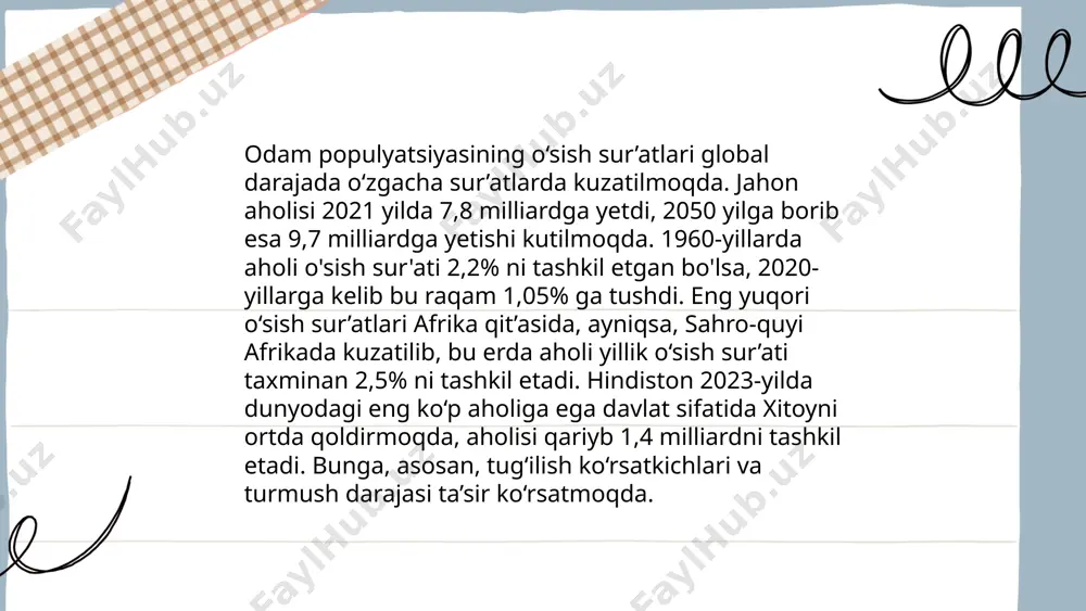 ler xromosoma aneuploidiya holatlari, masalan, daun sindromi, taxminan har 700 tug'ilishda uchraydi. ... t.me/slaydai_bot genetik drift kichik populyatsiyalarda allel chastotalarining tasodifiy o‘zgarishiga olib keladigan hodisadir. bu hodisa tasodifiy ishlov berish natijasida populyatsiyada ayrim allellarning yo‘qolishi yoki g‘olib chiqishi mumkin. misol uchun, kichik populyatsiyada (masalan, 10 ta individdan iborat) genetik drift sezilarli ta’sir ko‘rsatishi mumkin, chunki har bir individning allel to'plamlari populyatsiyaga katta ta’sir ko'rsatadi. natijada, allellarning xilma-xilligi kamayishi mumkin, bu esa populyatsiyaning moslashish qobiliyatiga ta’sir qiladi. genetik drift keng miqyosda evolyutsion jarayonlarga ta’sir qilsa-da, ayniqsa kichik populyatsiyalar uchun muhim ahamiyatga ega. ... t.me/slaydai_bot tabiiy tanlanish inson populatsiyalariga sezilarli ta'sir ko'rsatadi. bu jarayon orqali genetik xususiyatlar avlodlar davomida sekin-asta o'zgaradi, moslashishga olib keladi. masalan, afrika qit'asida yashaydigan insonlar orasida sickle cell anemiyasi tarqalgan bo'lib, bu genetik xususiyat malyariyaga qarshi himoya qiladi. tabiiy tanlanish orqali turli populatsiyalardagi genofond diversifikatsiyasi yuzaga keladi. 7,9 milliarddan ortiq odam yerdagi turli muhitlarga moslashib yashashda davom etmoqda. …