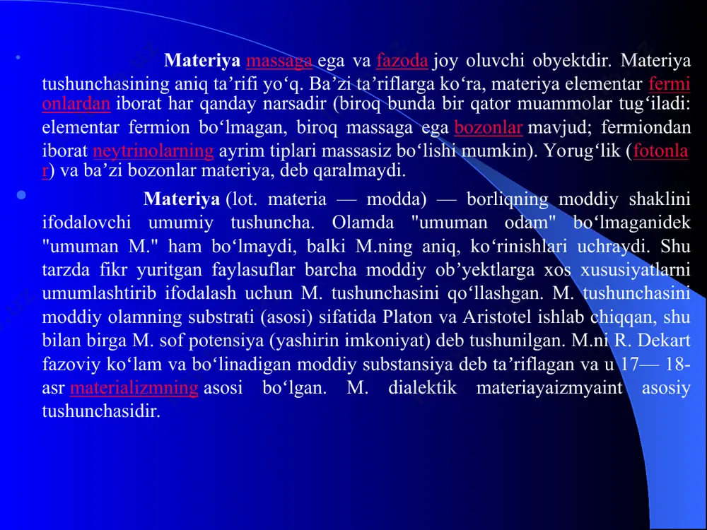 riga koʻra, mikrodunyo, makrodunyo va megadunyoga boʻlinadi. mikrodunyo — molekuladan kichik zarralar (mas, atom, yadro, elementar zarra va boshqalar). makrodunyo — molekuladan katta jismlar (mas, qum, tosh, yer, planeta, quyosh, hayvon, odam va boshqalar). megadu-nyo — yerdan to koinot miqyosigacha boʻlgan oʻlchovdagi dunyo. bu uchala dunyo bir-biri bilan bogʻliq, shuningdek, ular bir-biriga almashinishi mumkin. . harakat — borliqnint ajralmas xususiyati boʻlgan oʻzgaruvchanlikni (q. barqarorlik va oʻzgaruvchanlik) ifodalovchi falsafiy kategoriya. harakat tushunchasi imkoniyatlarning voqelikka aylanishini, roʻy berayotgan hodisalarni, olamning betoʻxtov yangilanib borishini aks ettiradi. olamdagi har qanday jarayon h. tufayli sodir boʻladi. har qanday oʻzgarish — h. dir. oʻzgarishlar faqat moddiy obyektlarga emas, balki maʼnaviy, gʻoyaviy obyektlarga ham xosdir. har qanday (moddiy yoki gʻoyaviy) obyektning mavjudligi undagi harakat va oʻzgarishlar tufayli namoyon boʻladi. shu sababli harakat borliqning asosiy mavjudlik shaklidir. falsafiy adabiyotlarda moddiy borliqning quyidagi harakat shakllari ajratib koʻrsatiladi: mexanik harakat — jismlarning fazodagi oʻrni vaqt oʻtishi bilan boshqa jismlarga nisbatan …