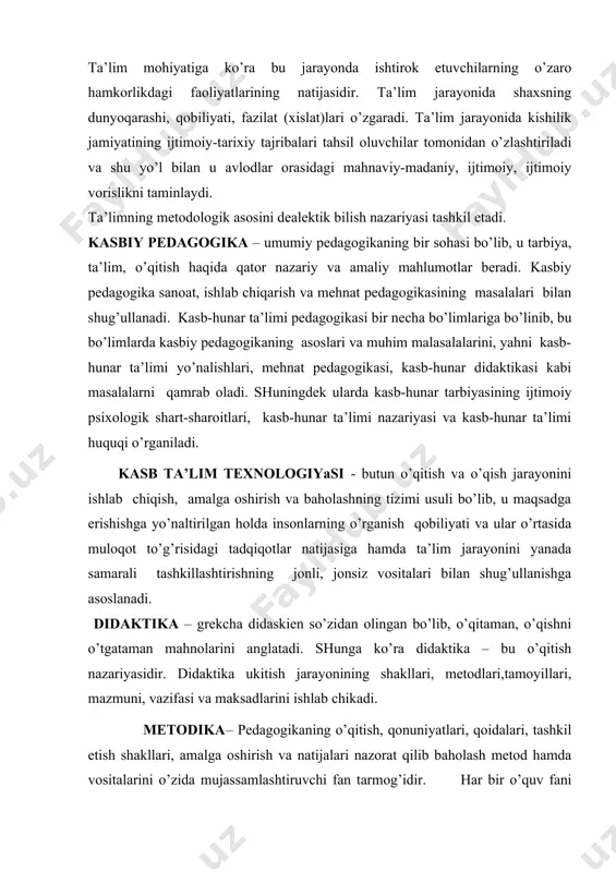 jonli, jonsiz vositalari bilan shug’ullanishga asoslanadi. didaktika – grekcha didaskien so’zidan olingan bo’lib, o’qitaman, o’qishni o’tgataman mahnolarini anglatadi. shunga ko’ra didaktika – bu o’qitish nazariyasidir. didaktika ukitish jarayonining shakllari, metodlari,tamoyillari, mazmuni, vazifasi va maksadlarini ishlab chikadi. metodika– pedagogikaning o’qitish, qonuniyatlari, qoidalari, tashkil etish shakllari, amalga oshirish va natijalari nazorat qilib baholash metod hamda vositalarini o’zida mujassamlashtiruvchi fan tarmog’idir. har bir o’quv fani o’qitish sohasi o’rgatishning vazifalari, mazmuni, metodlari va tashkiliy ko’rinishi haqidagi metodika asosida quriladi. o’qitish metodikasi - bu turli usullar tizimi bo’lib, o’quv-didaktik materiallardan foydalanish orqali belgilangan maqsadga erishish uchun nazariy dars va amaliy mashg’ulotlar paytida qo’llaniladigan usullar majmuasidir. kasbiy ta’lim metodikasi ijtimoiy hayotning mahlum sohasida faoliyat ko’rsatish uchun zarur bo’lgan bilim, amaliy ish-harakat usullarini shakllantirish qonuniyatlari, qoidalari, shakl, metod va vositalari hamda mazmuni haqidagi pedagogikaning muhim tarmog’idir. metod– iborasi (yunoncha-methodas-tadqiqot yoki bilish yo’li, nazariya, ta’limot mahnosini anglatib) voqelikni bilish, o’zlashtirish, o’zgartirish usullari majmuasidir. metod aslida insonning amaliy faoliyati …